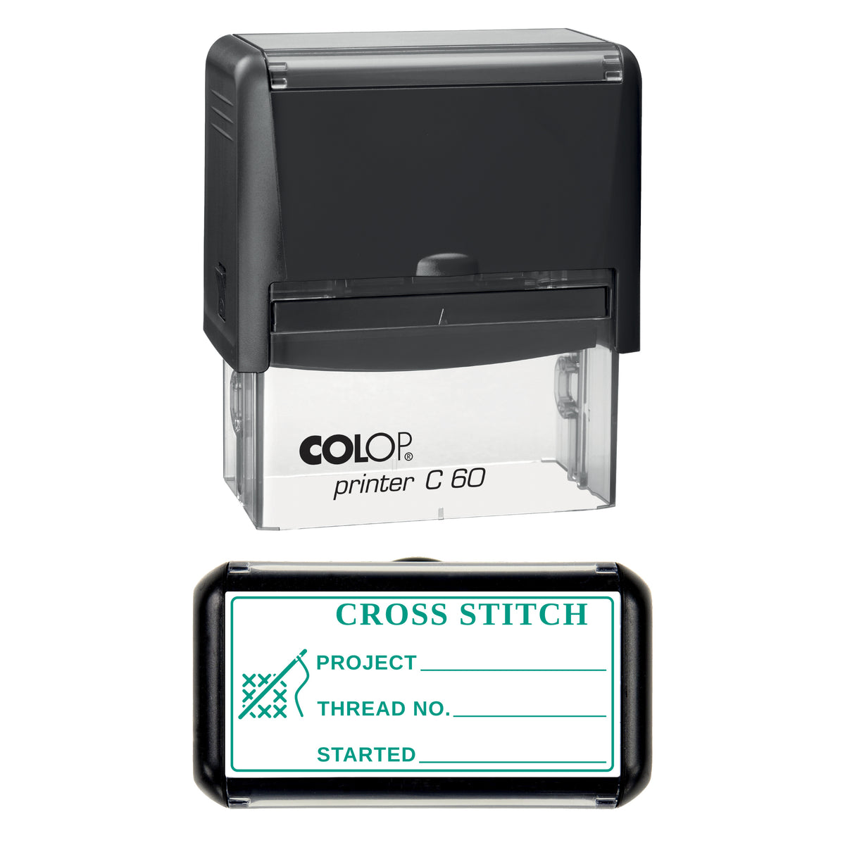 Cross Stitch Thread Record Stamp, COLOP C60, 77 x 36mm, green ink
