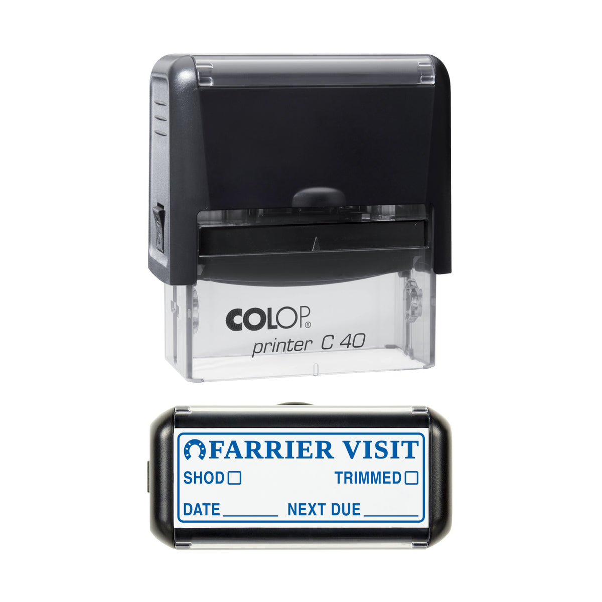 Farrier Visit Record Stamp, COLOP C40, 58 x 22mm, blue ink