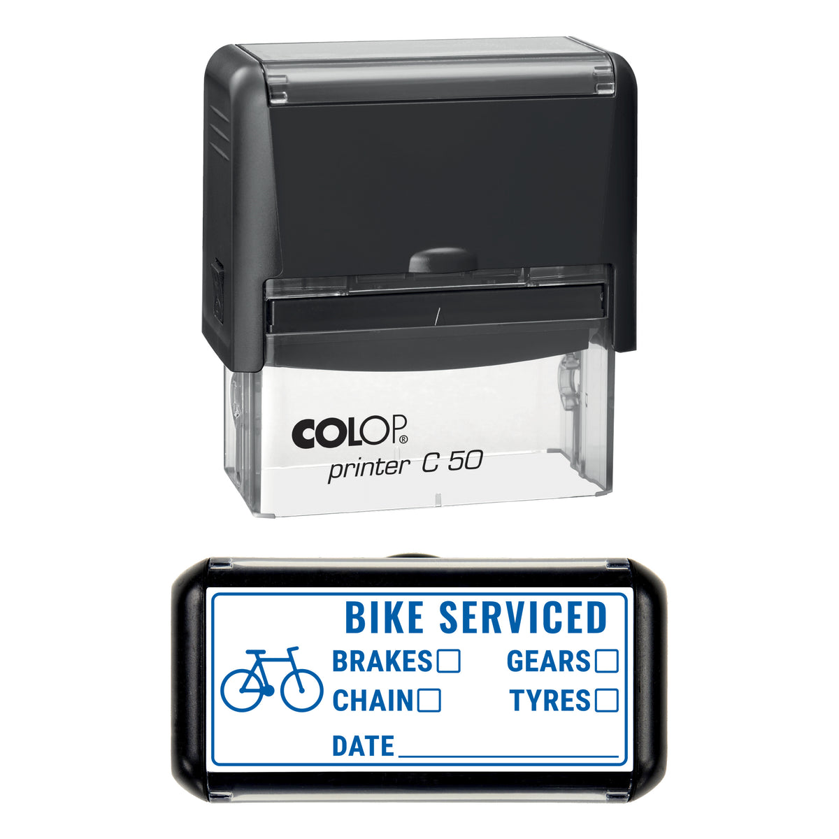 Bike Service Record Stamp, COLOP C50, 70 x 30mm, blue ink