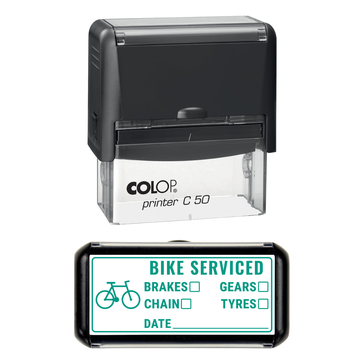 Bike Service Record Stamp, COLOP C50, 70 x 30mm, green ink
