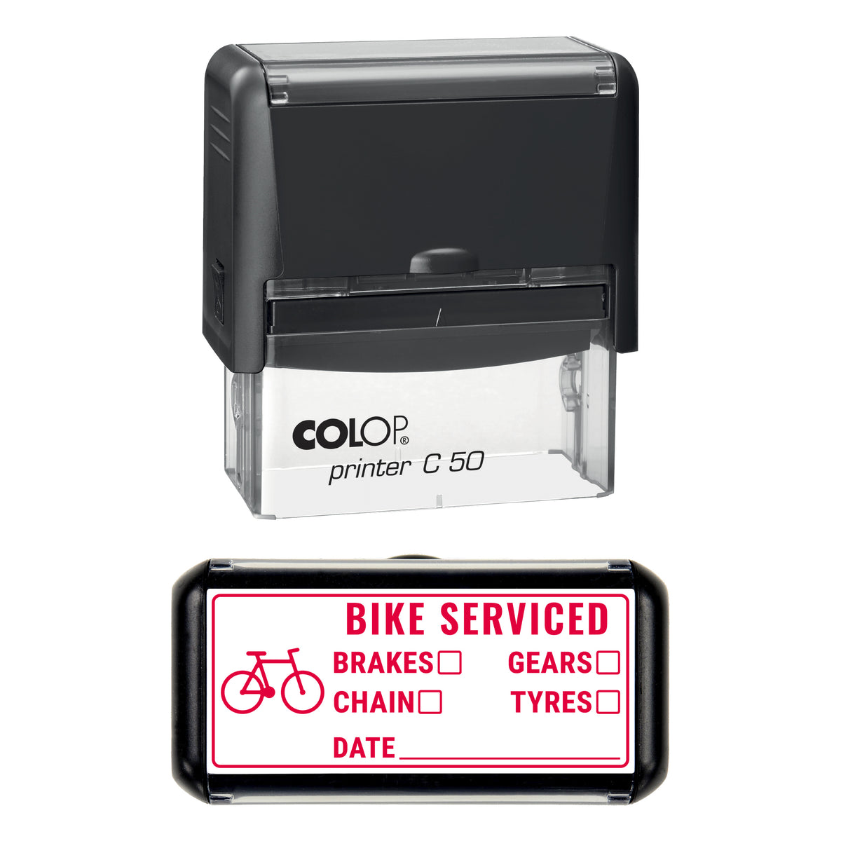 Bike Service Record Stamp, COLOP C50, 70 x 30mm, red ink