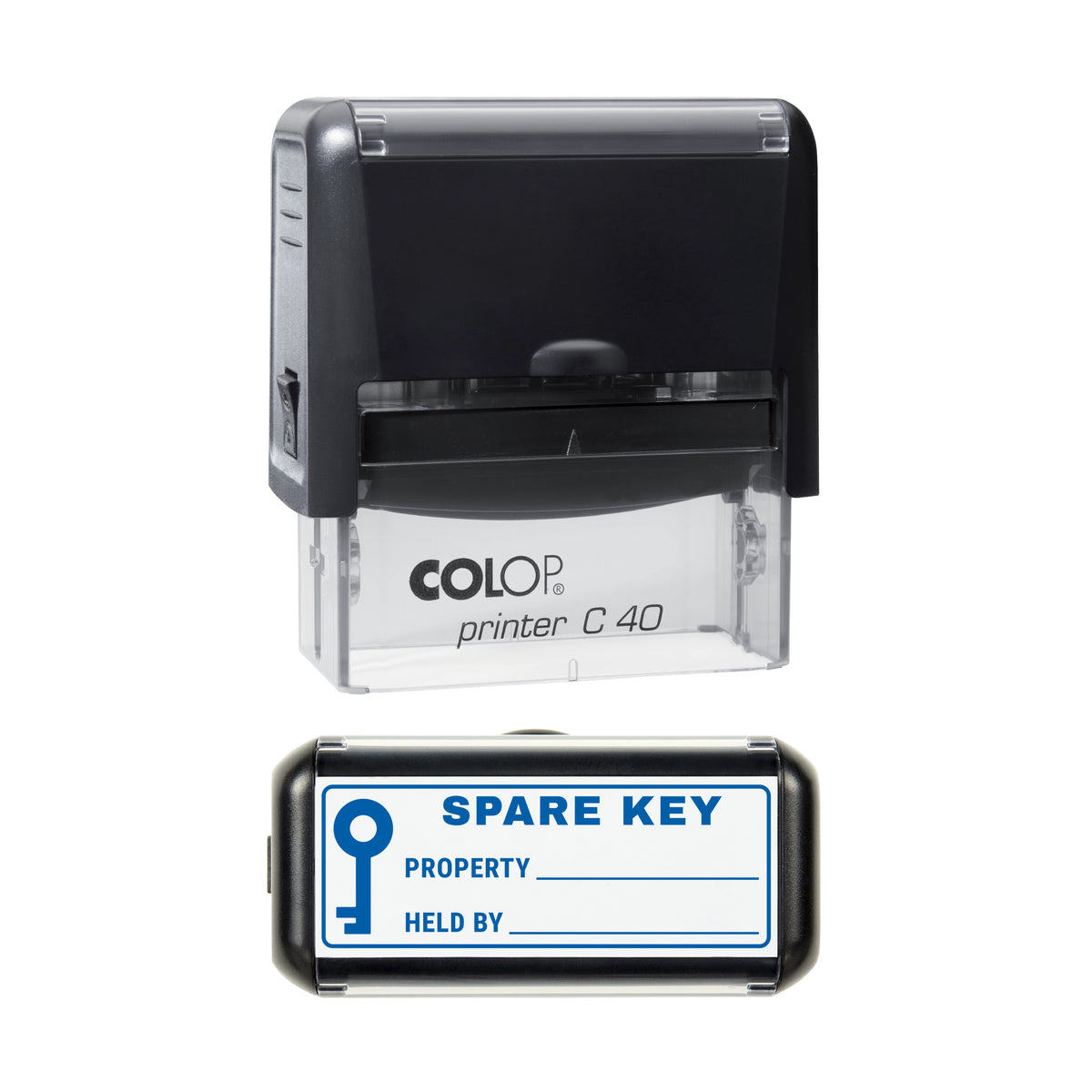 Spare Key Label Stamp, COLOP C40, 58 x 22mm, blue ink