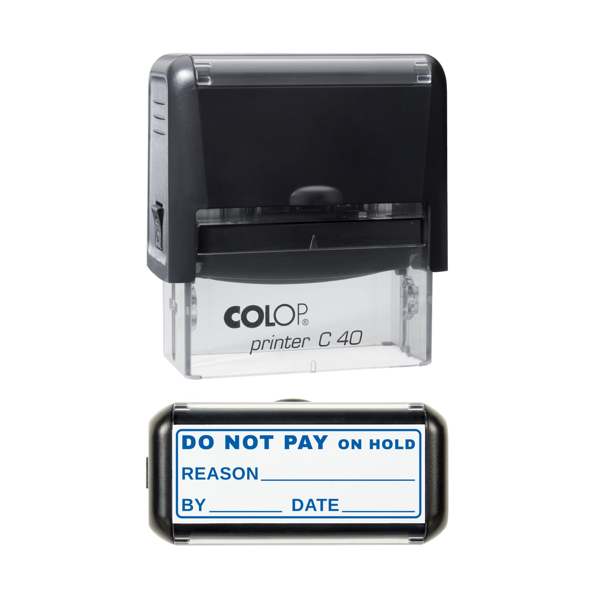 Do Not Pay On Hold Stamp, COLOP C40, 58 x 22mm, blue ink