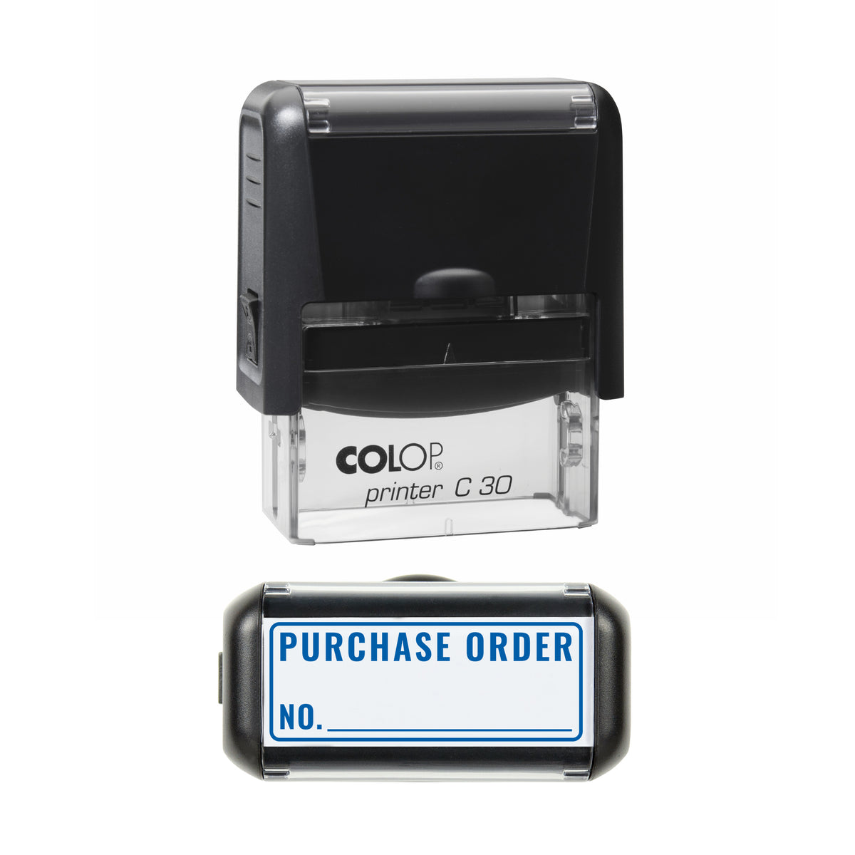 Purchase Order Number Stamp, COLOP C30, 45 x 18mm, blue ink