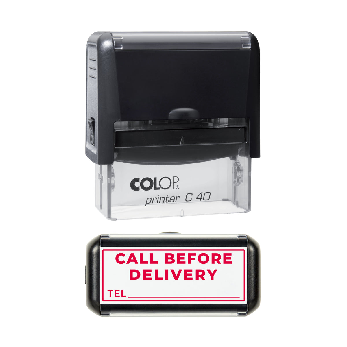 Call Before Delivery Stamp, COLOP C40, 58 x 22mm, red ink