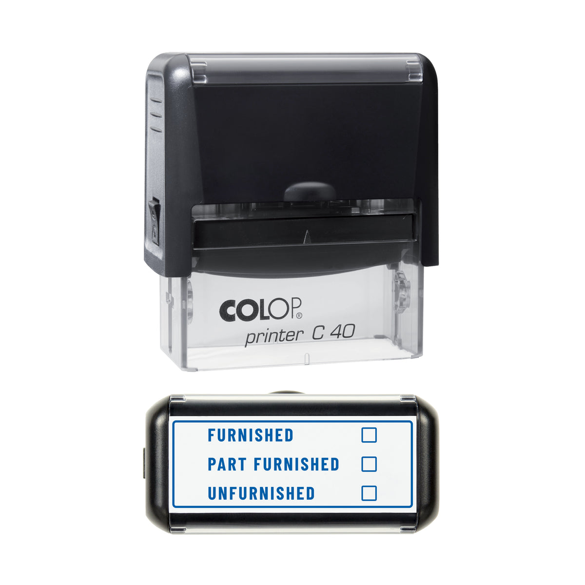 Furnishing Status Stamp, COLOP C40, 58 x 22mm, blue ink