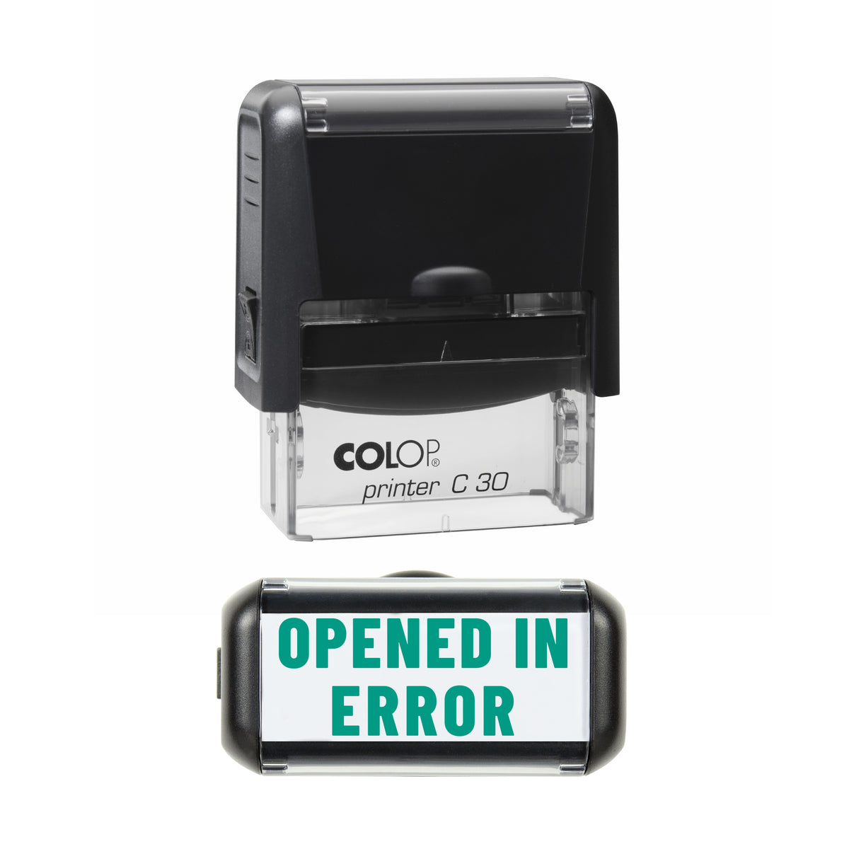 Opened in Error Stamp, COLOP C30, 45 x 18mm, green ink