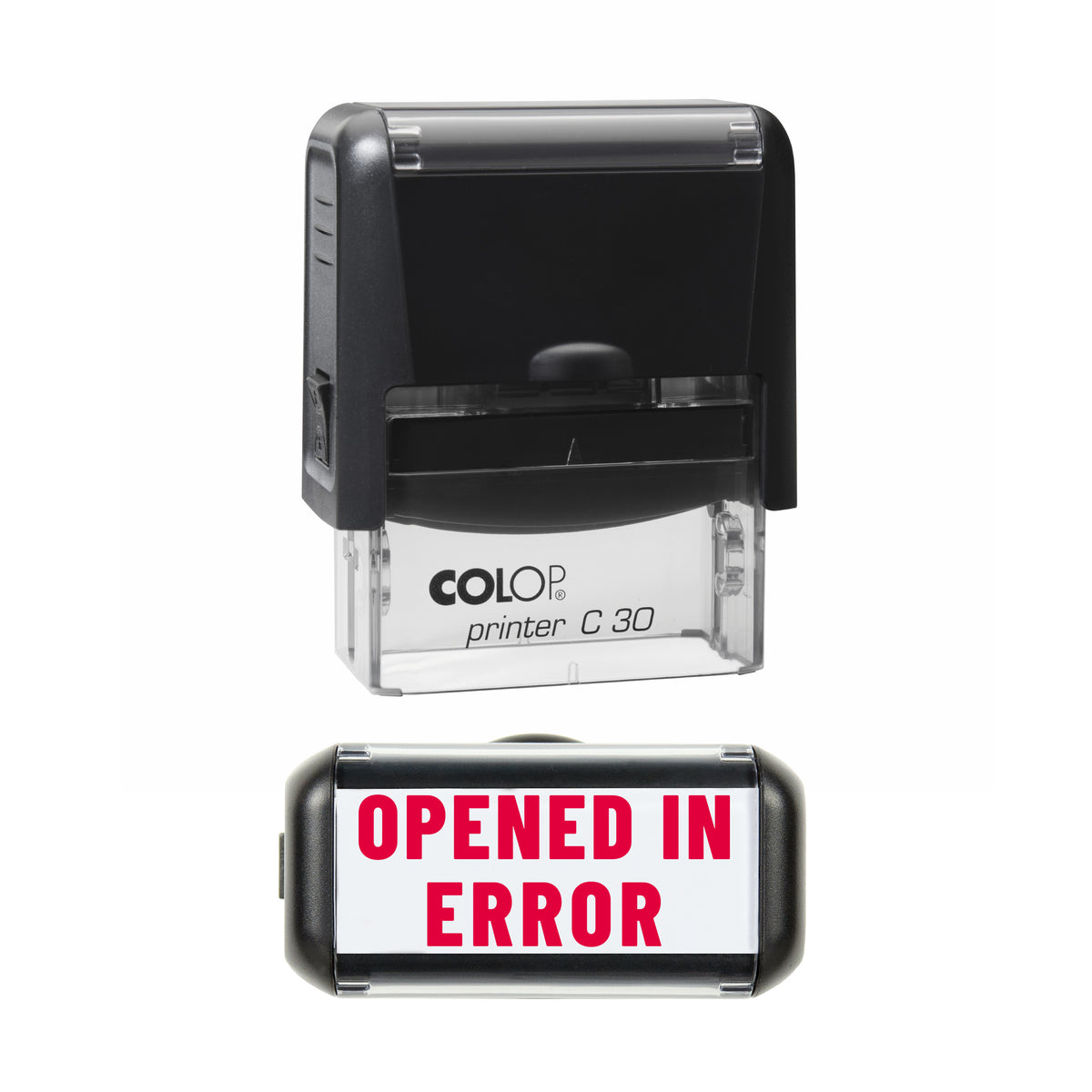 Opened in Error Stamp, COLOP C30, 45 x 18mm, red ink