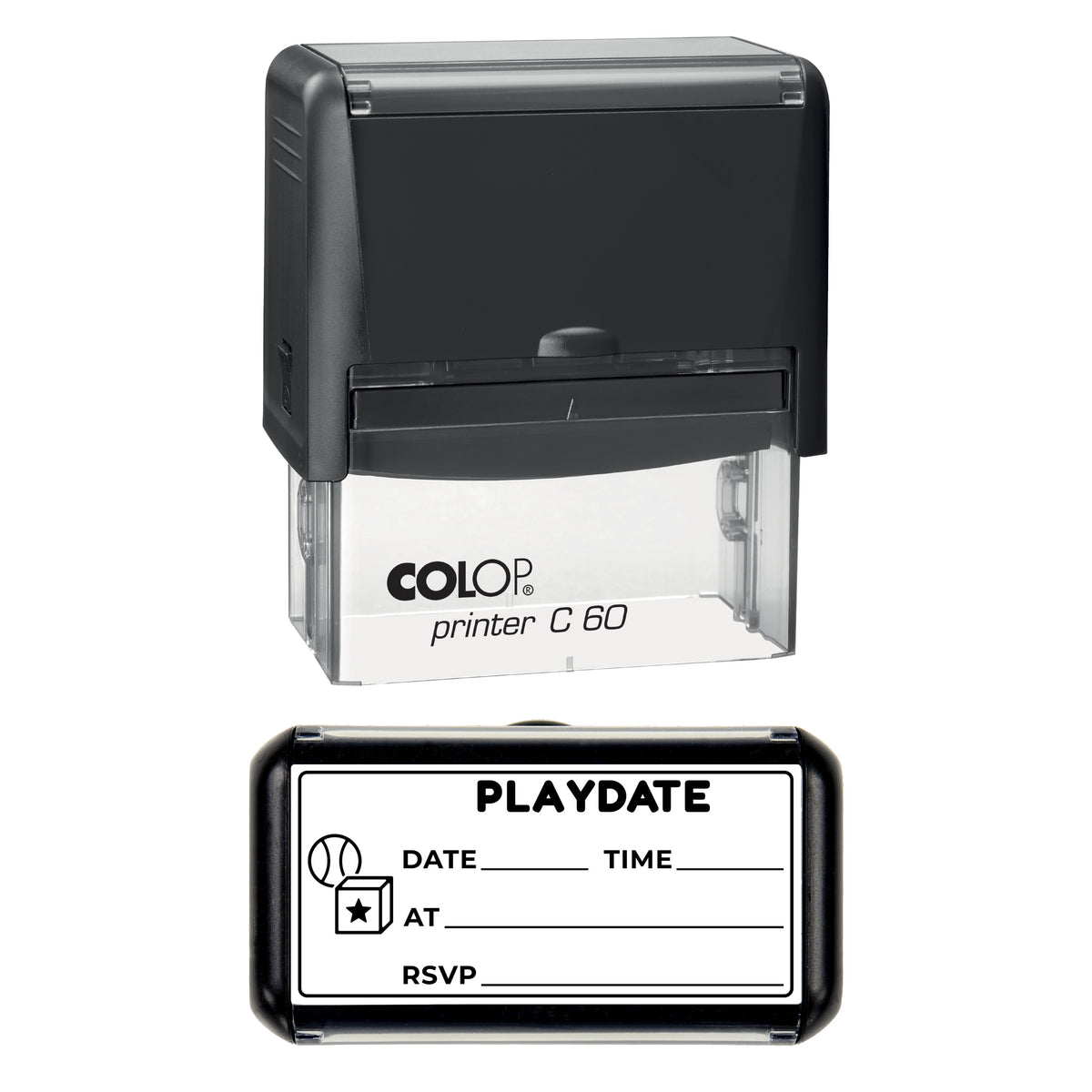 Playdate Invitation Stamp, COLOP C60, 77 x 36mm, black ink