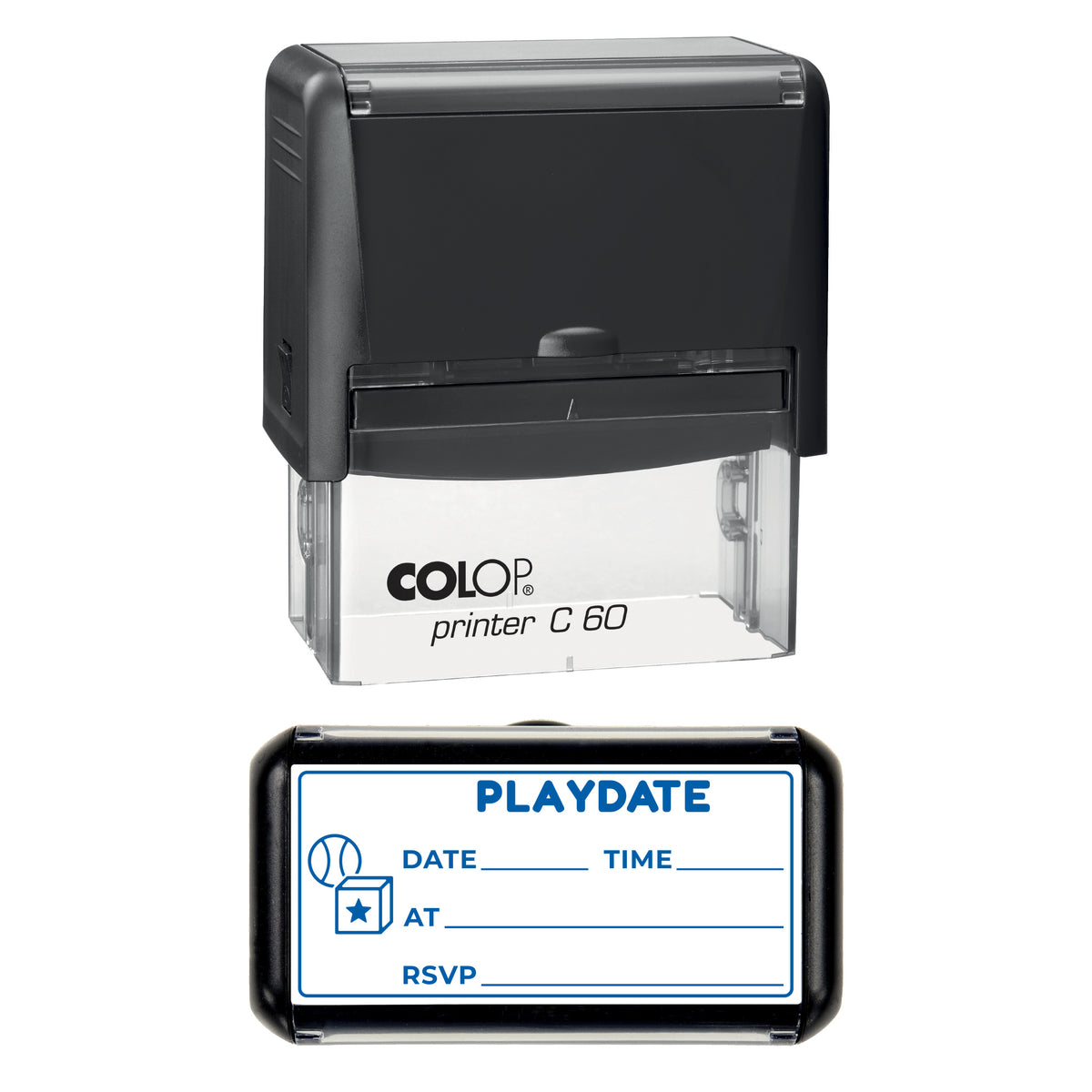 Playdate Invitation Stamp, COLOP C60, 77 x 36mm, blue ink