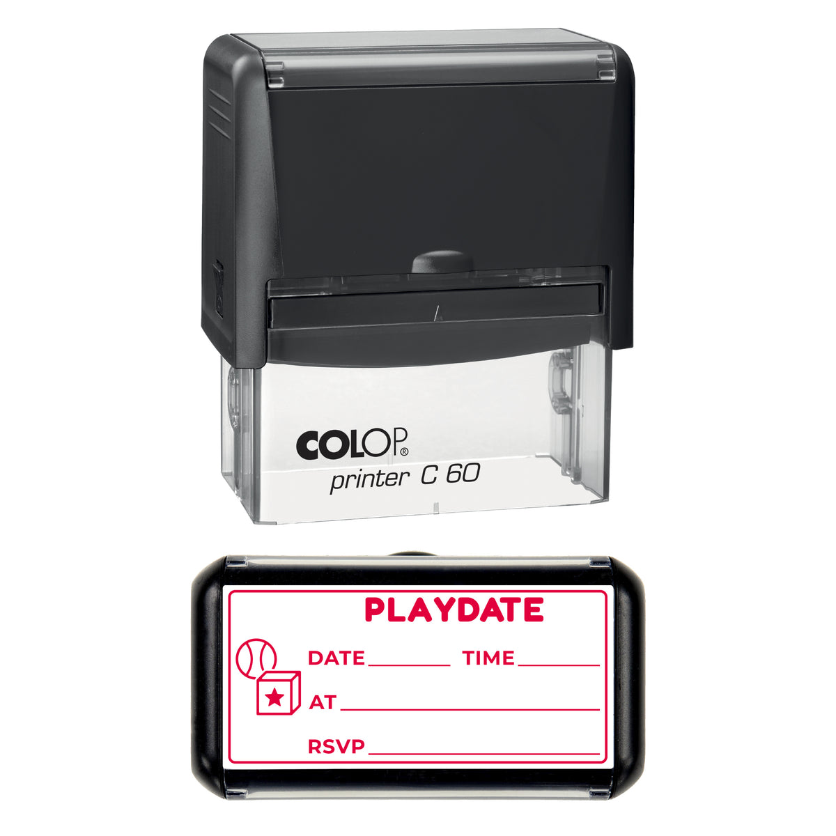 Playdate Invitation Stamp, COLOP C60, 77 x 36mm, red ink