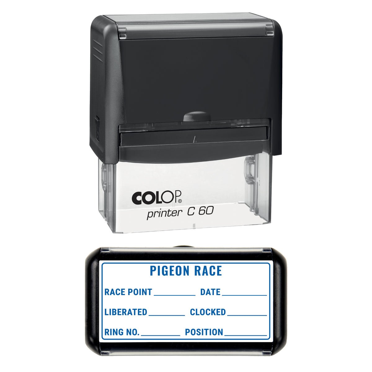 Pigeon Race Record Stamp, COLOP C60, 77 x 36mm, blue ink