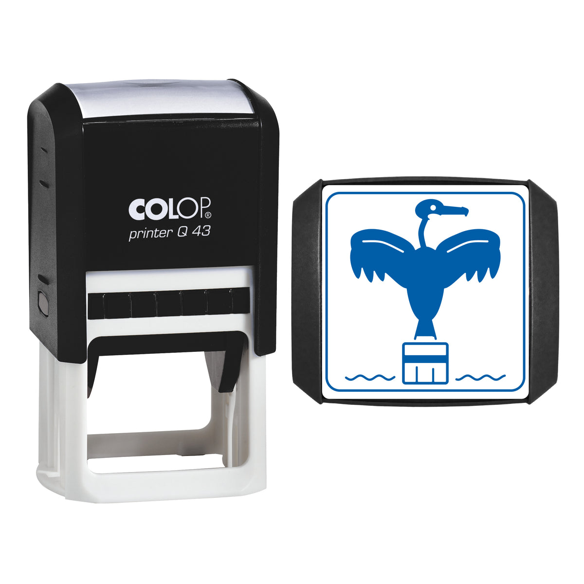 Cormorant Drying Wings Stamp, COLOP Q43, 43 x 43mm, blue ink