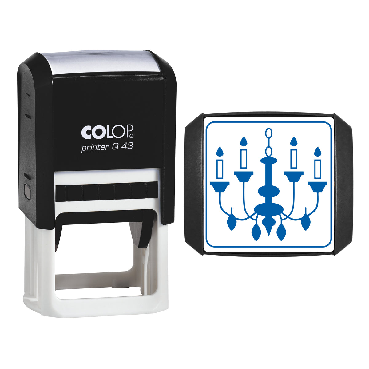 Candle Chandelier Stamp, COLOP Q43, 43 x 43mm, blue ink