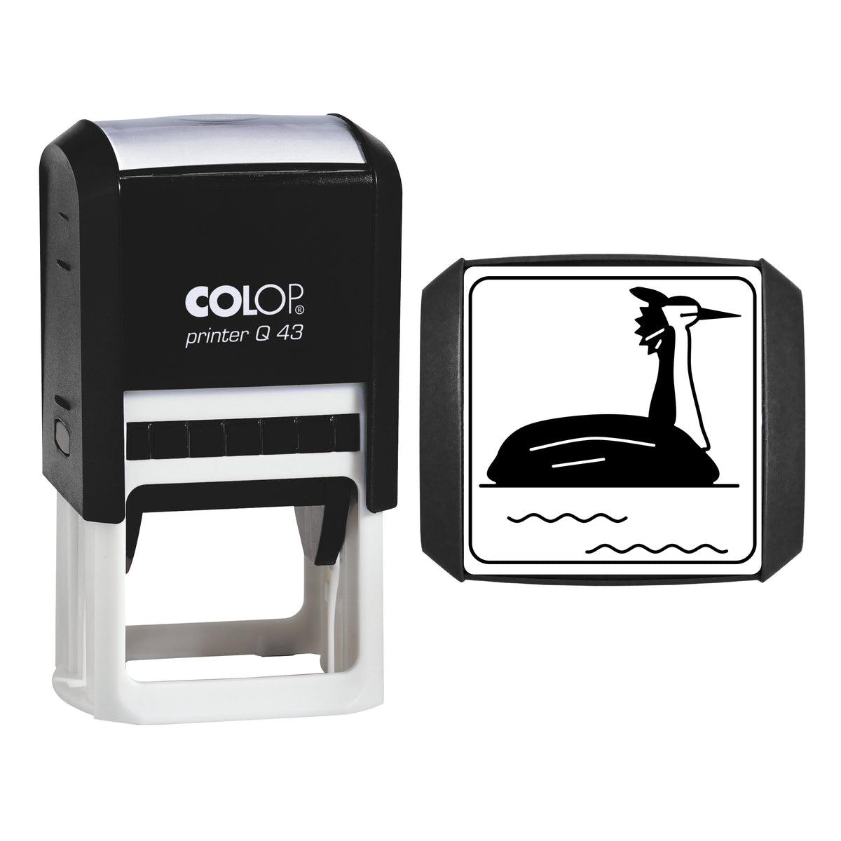 Great Crested Grebe Stamp, COLOP Q43, 43 x 43mm, black ink