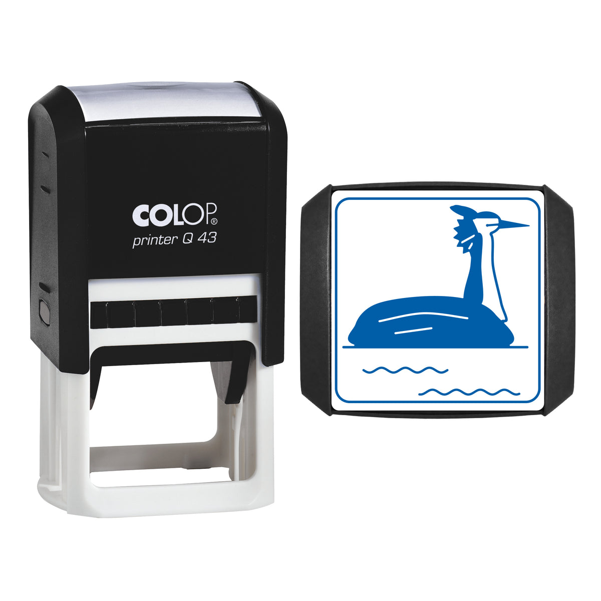 Great Crested Grebe Stamp, COLOP Q43, 43 x 43mm, blue ink