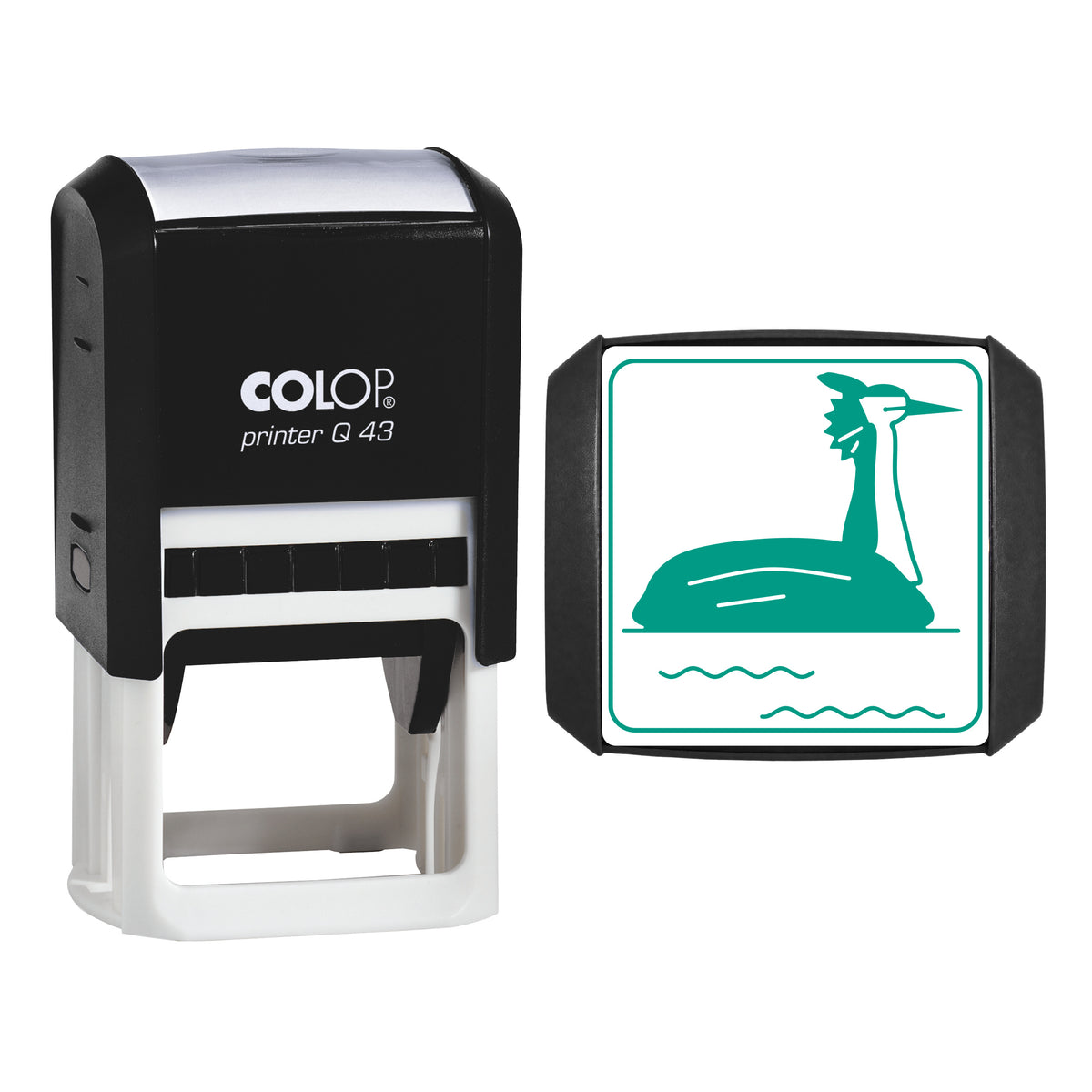 Great Crested Grebe Stamp, COLOP Q43, 43 x 43mm, green ink