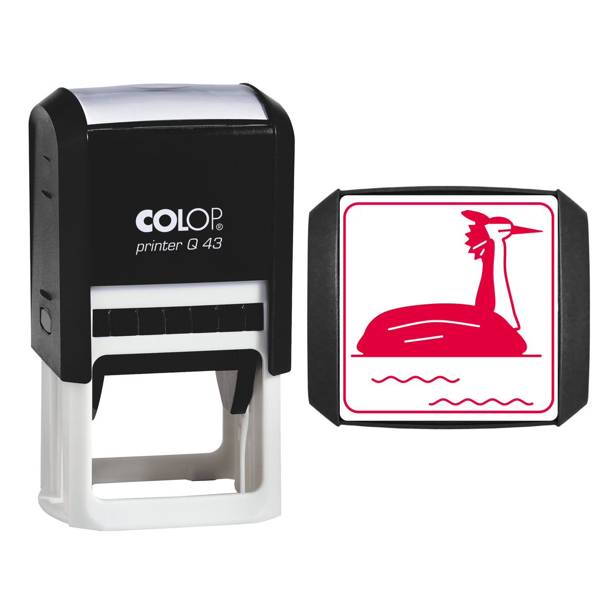 Great Crested Grebe Stamp, COLOP Q43, 43 x 43mm, red ink