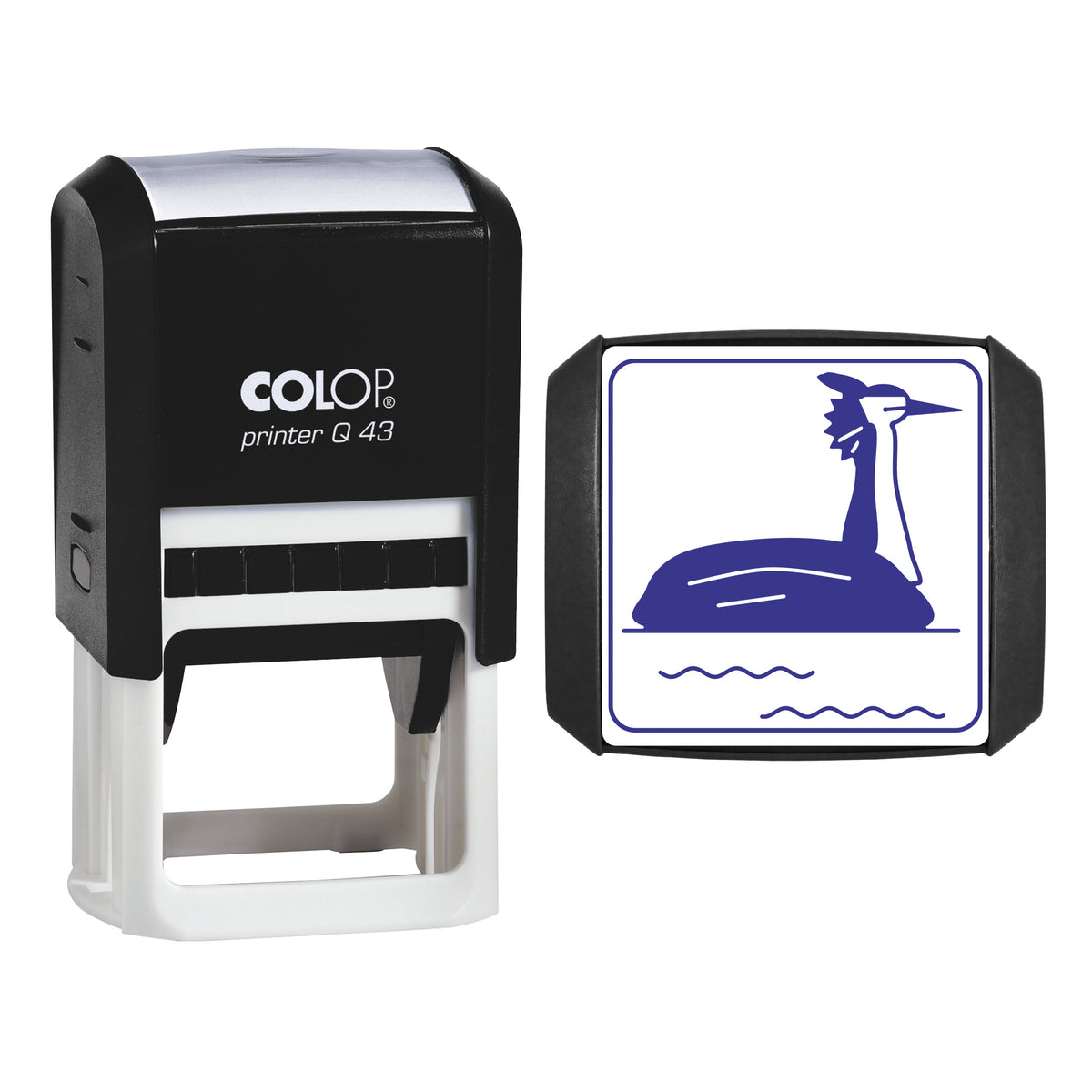 Great Crested Grebe Stamp, COLOP Q43, 43 x 43mm, violet ink