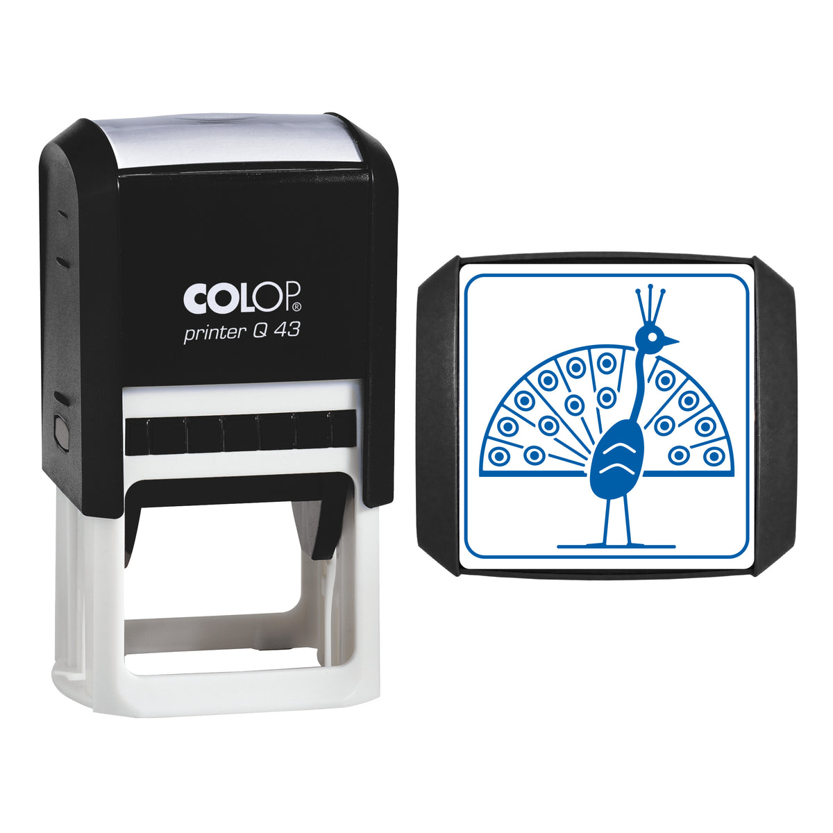 Peacock Stamp, COLOP Q43, 43 x 43mm, blue ink
