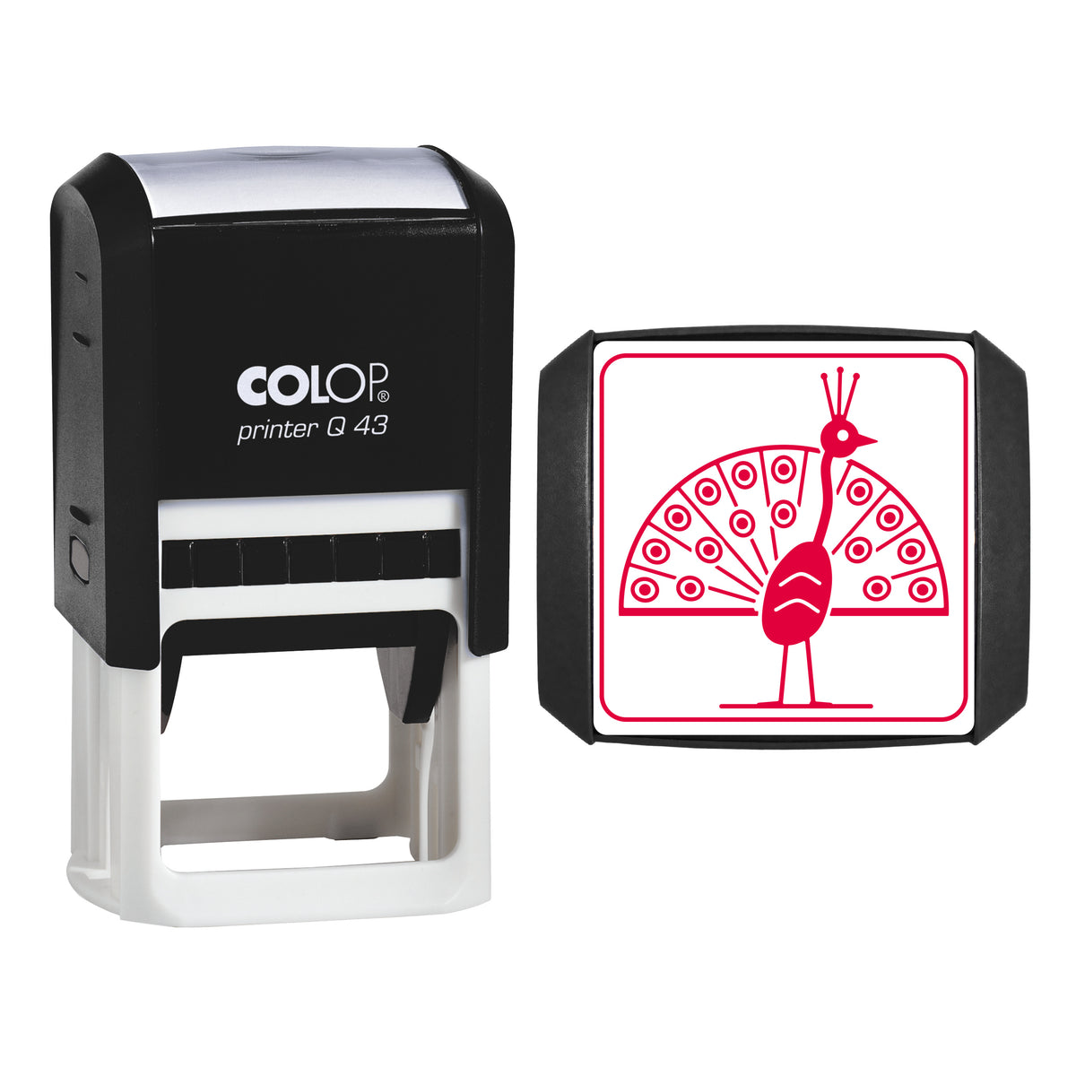 Peacock Stamp, COLOP Q43, 43 x 43mm, red ink