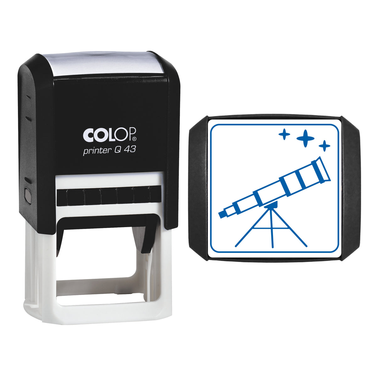 Brass Telescope Stamp, COLOP Q43, 43 x 43mm, blue ink