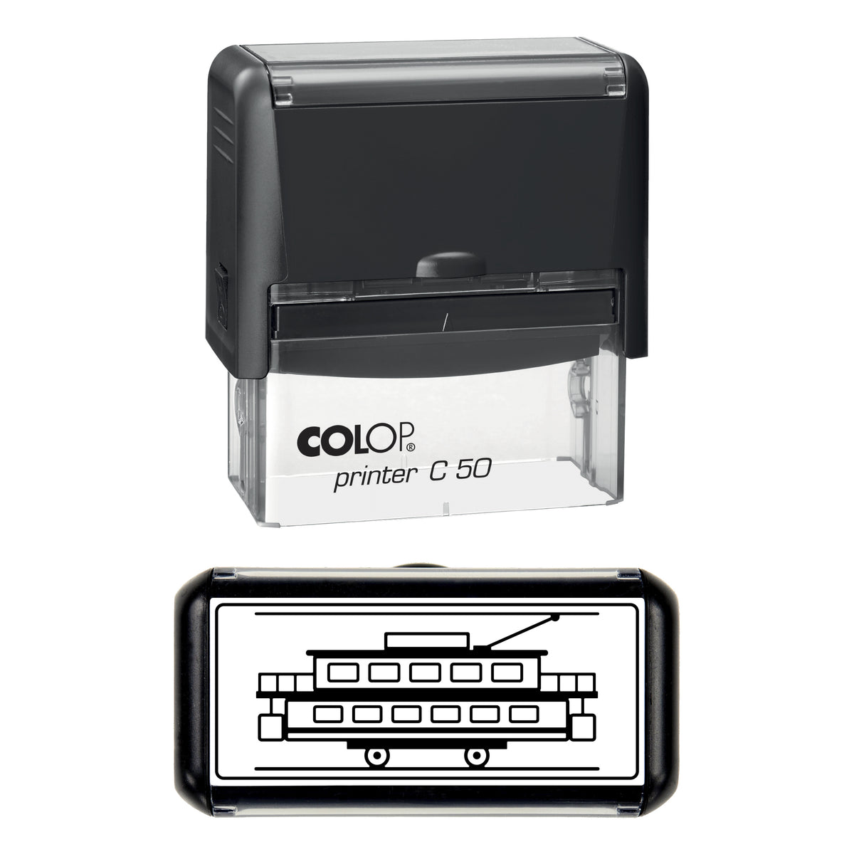 Vintage Double-Deck Tram Stamp, COLOP C50, 70 x 30mm, black ink
