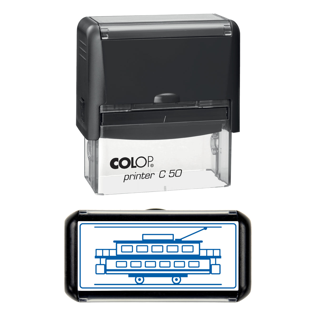Vintage Double-Deck Tram Stamp, COLOP C50, 70 x 30mm, blue ink