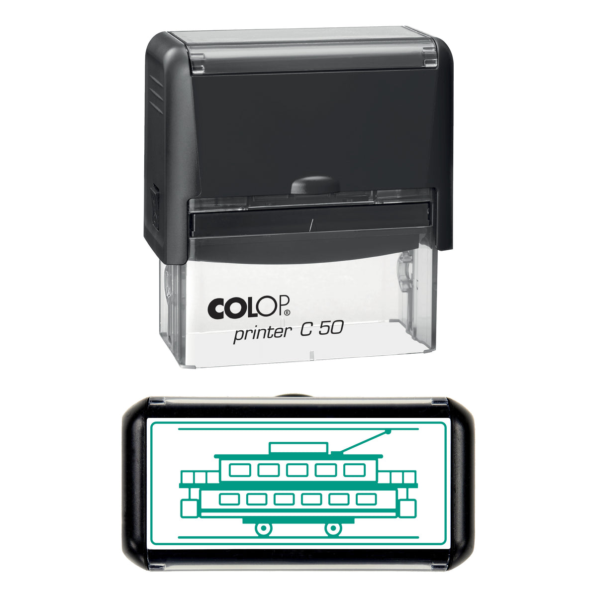 Vintage Double-Deck Tram Stamp, COLOP C50, 70 x 30mm, green ink