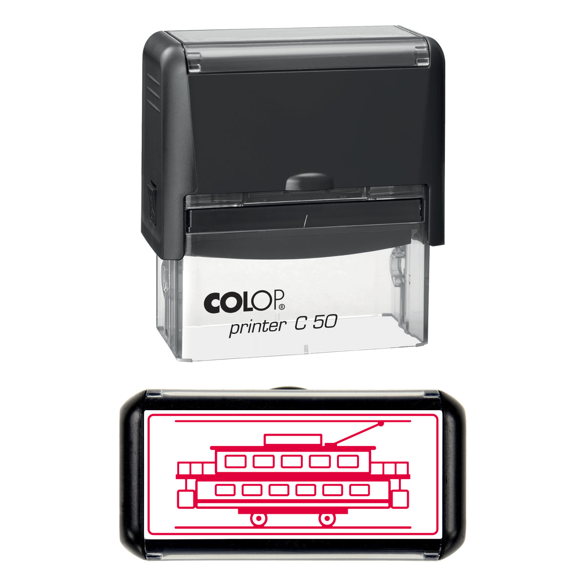Vintage Double-Deck Tram Stamp, COLOP C50, 70 x 30mm, red ink