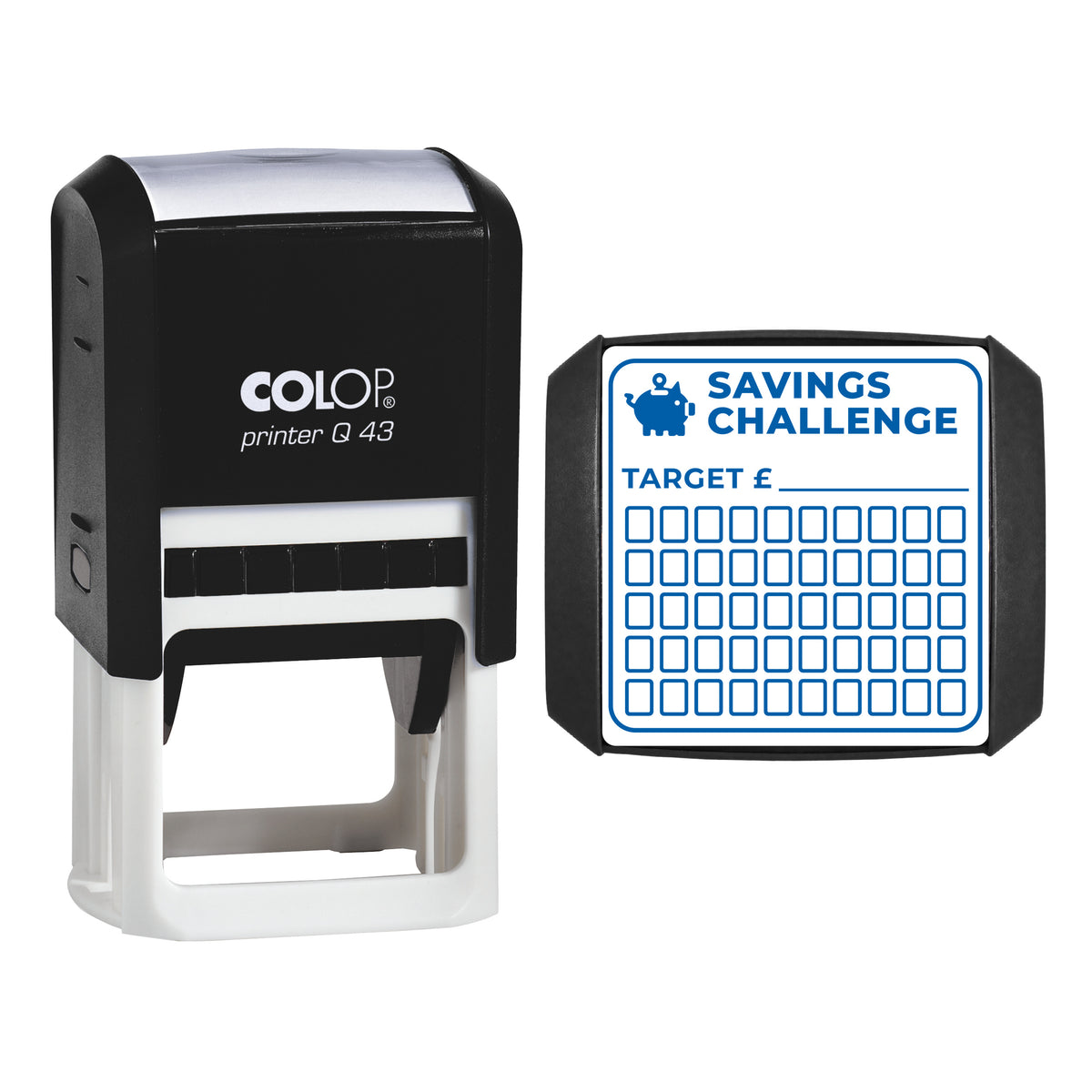 Savings Challenge Tracker Stamp, COLOP Q43, 43 x 43mm, blue ink
