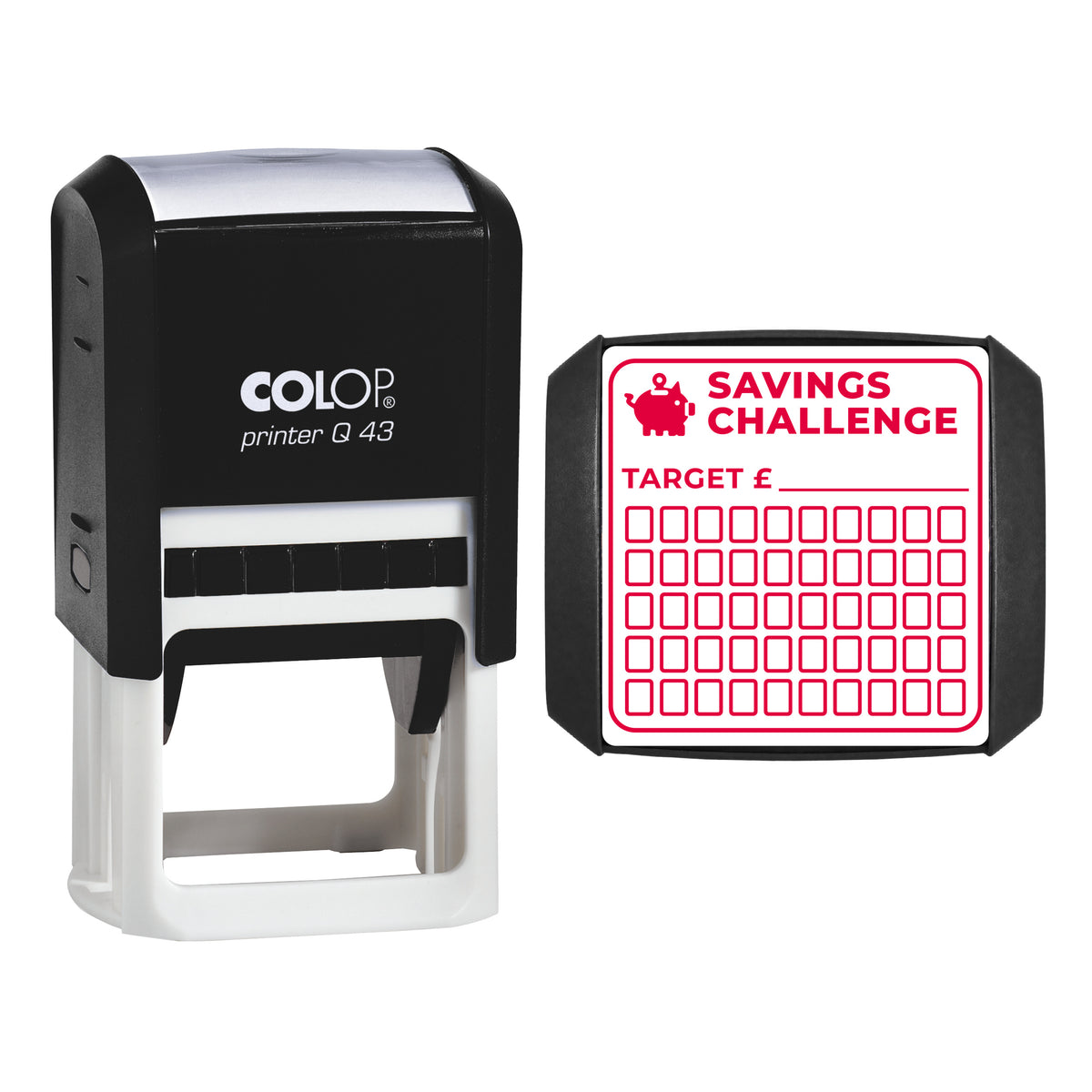Savings Challenge Tracker Stamp, COLOP Q43, 43 x 43mm, red ink