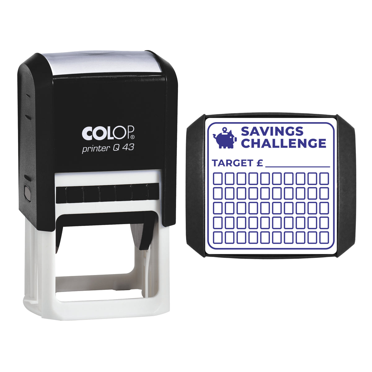 Savings Challenge Tracker Stamp, COLOP Q43, 43 x 43mm, violet ink