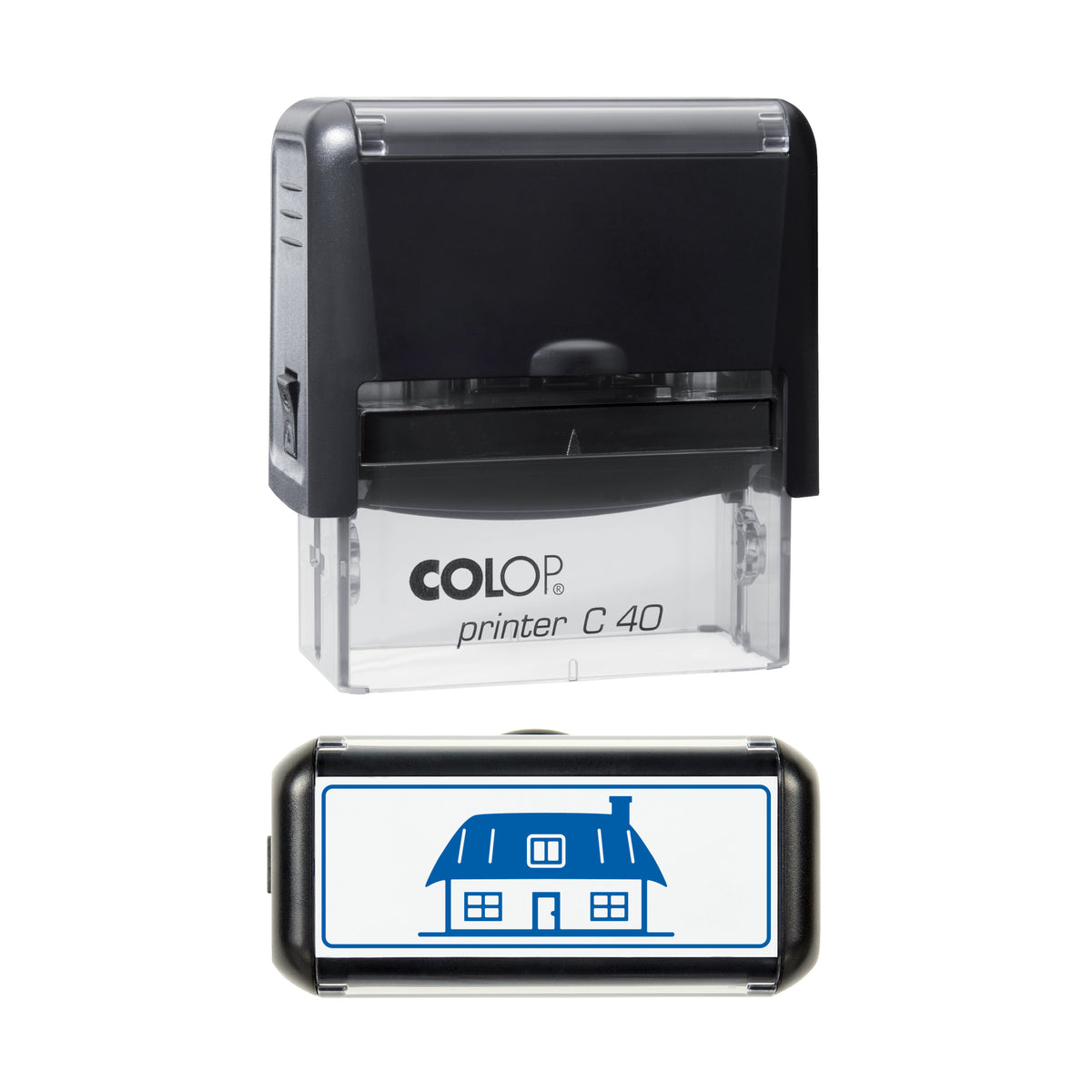 Thatched Cottage Stamp, COLOP C40, 58 x 22mm, blue ink