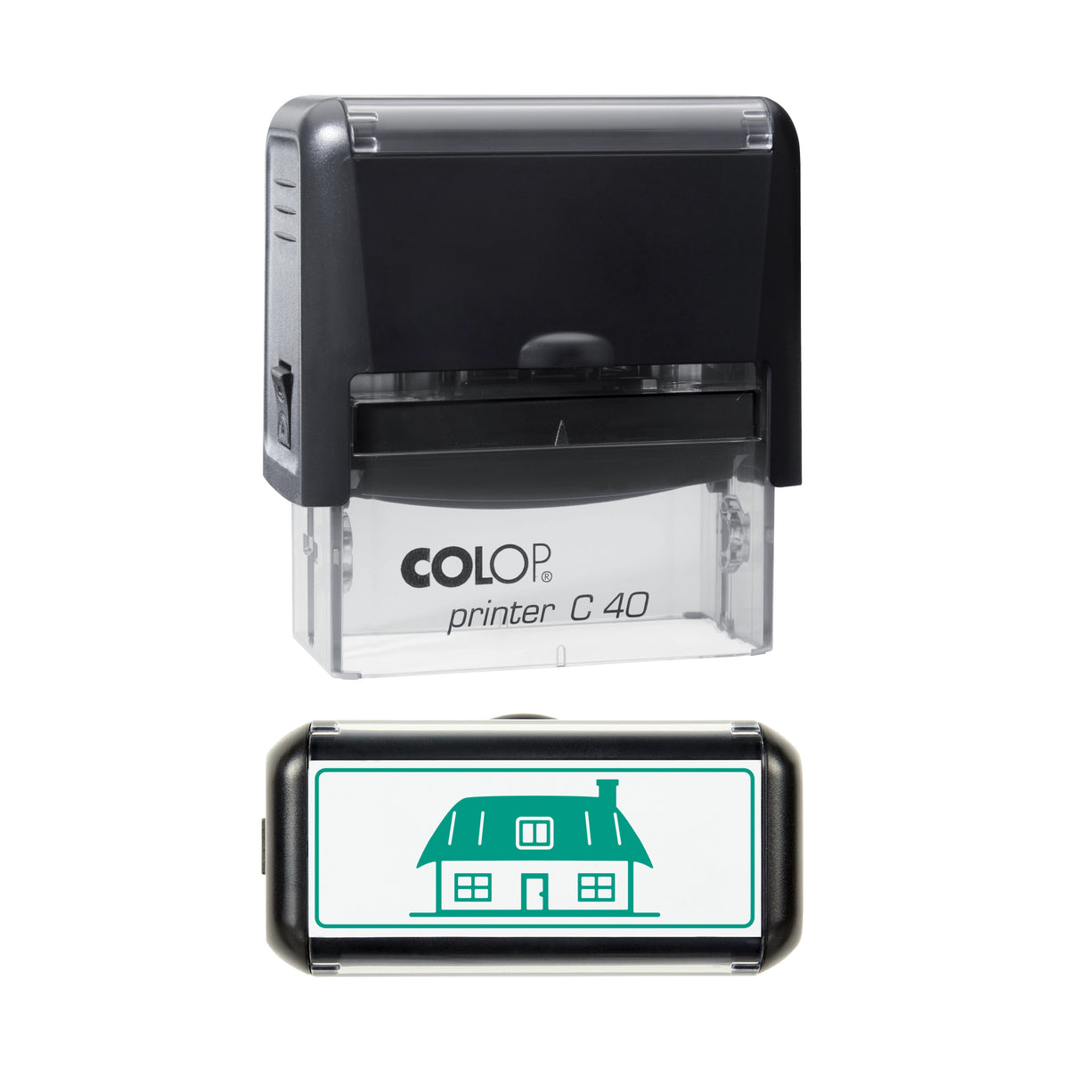Thatched Cottage Stamp, COLOP C40, 58 x 22mm, green ink