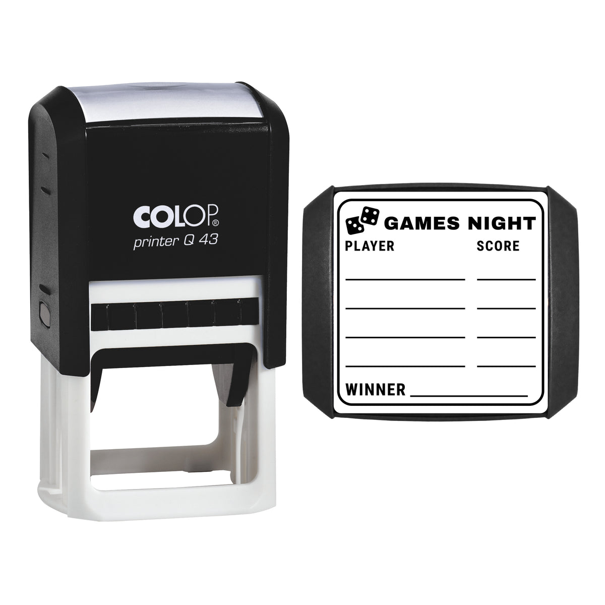 Games Night Score Card Stamp, COLOP Q43, 43 x 43mm, black ink