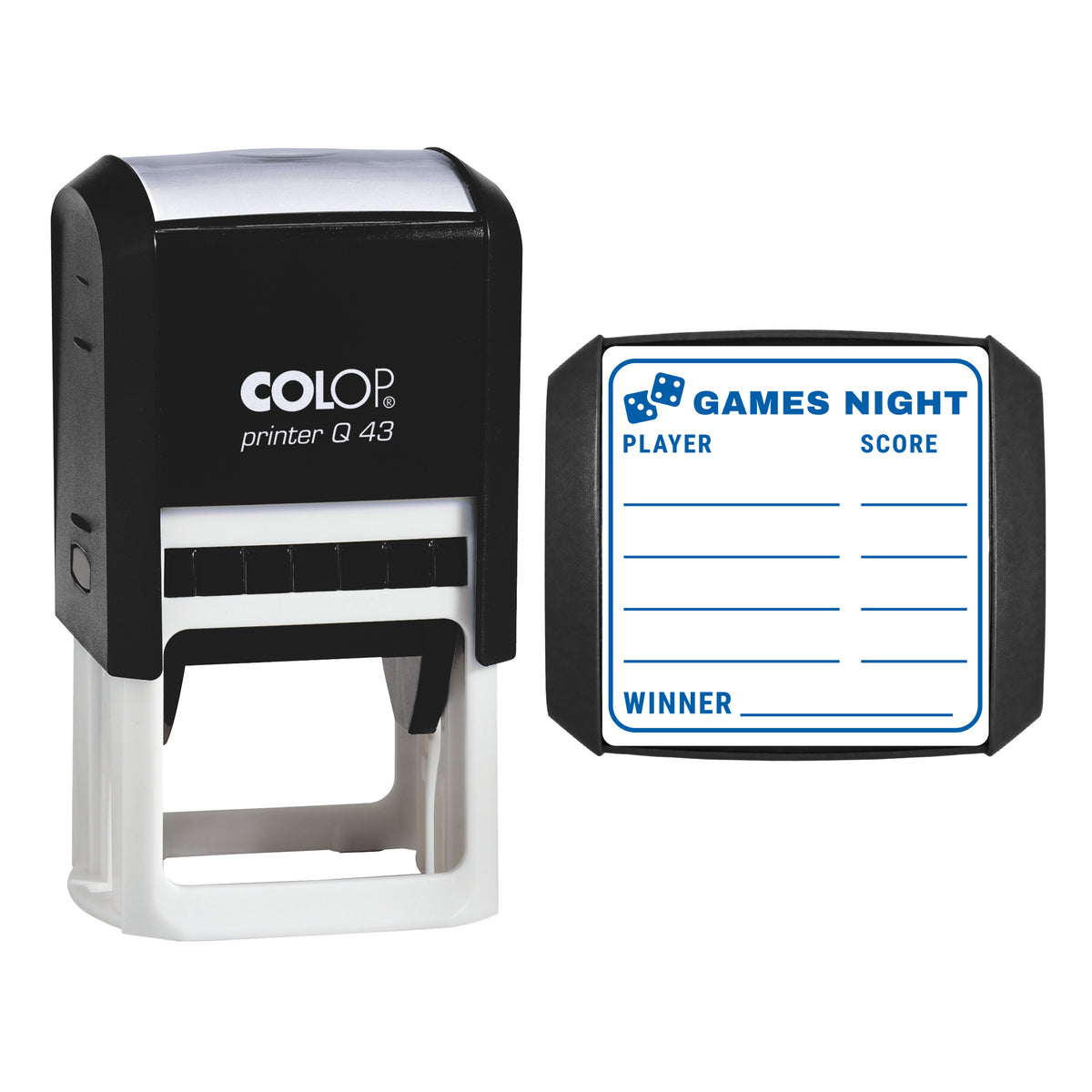 Games Night Score Card Stamp, COLOP Q43, 43 x 43mm, blue ink