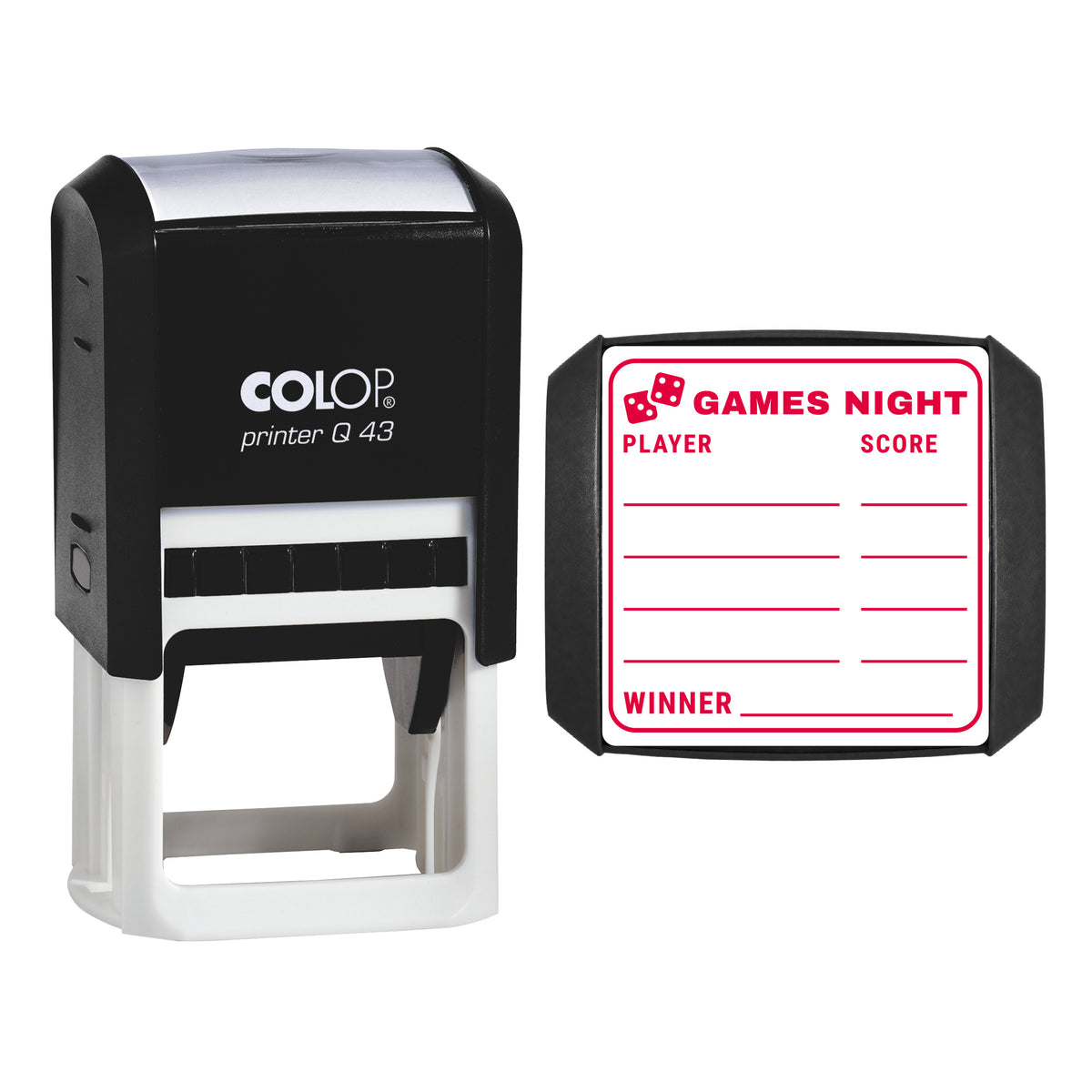 Games Night Score Card Stamp, COLOP Q43, 43 x 43mm, red ink