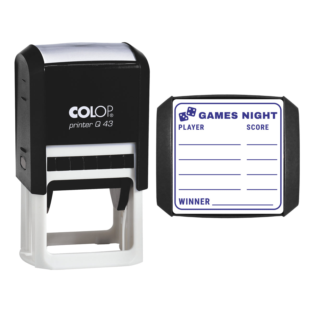 Games Night Score Card Stamp, COLOP Q43, 43 x 43mm, violet ink