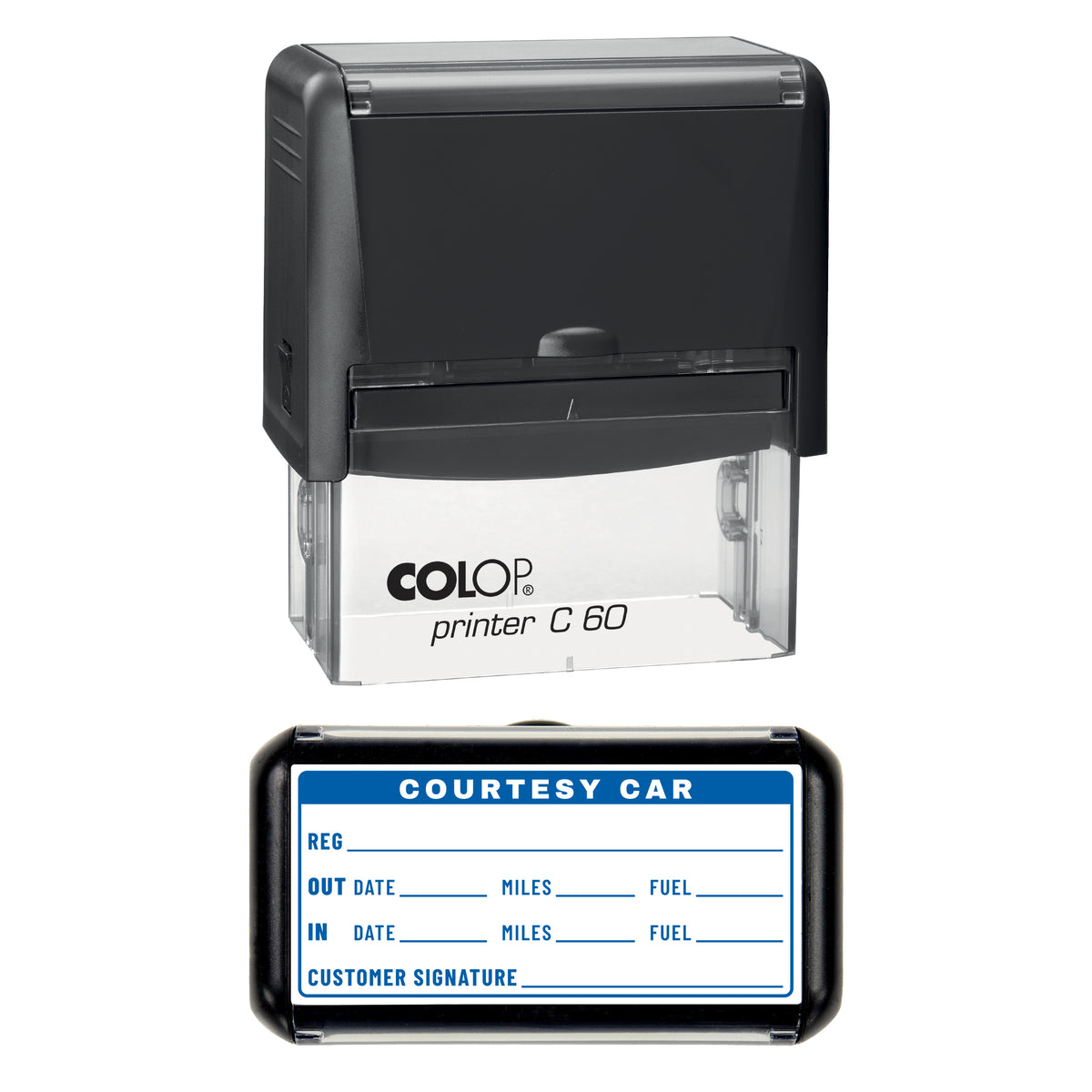 Courtesy Car Record Stamp, COLOP C60, 77 x 36mm, blue ink