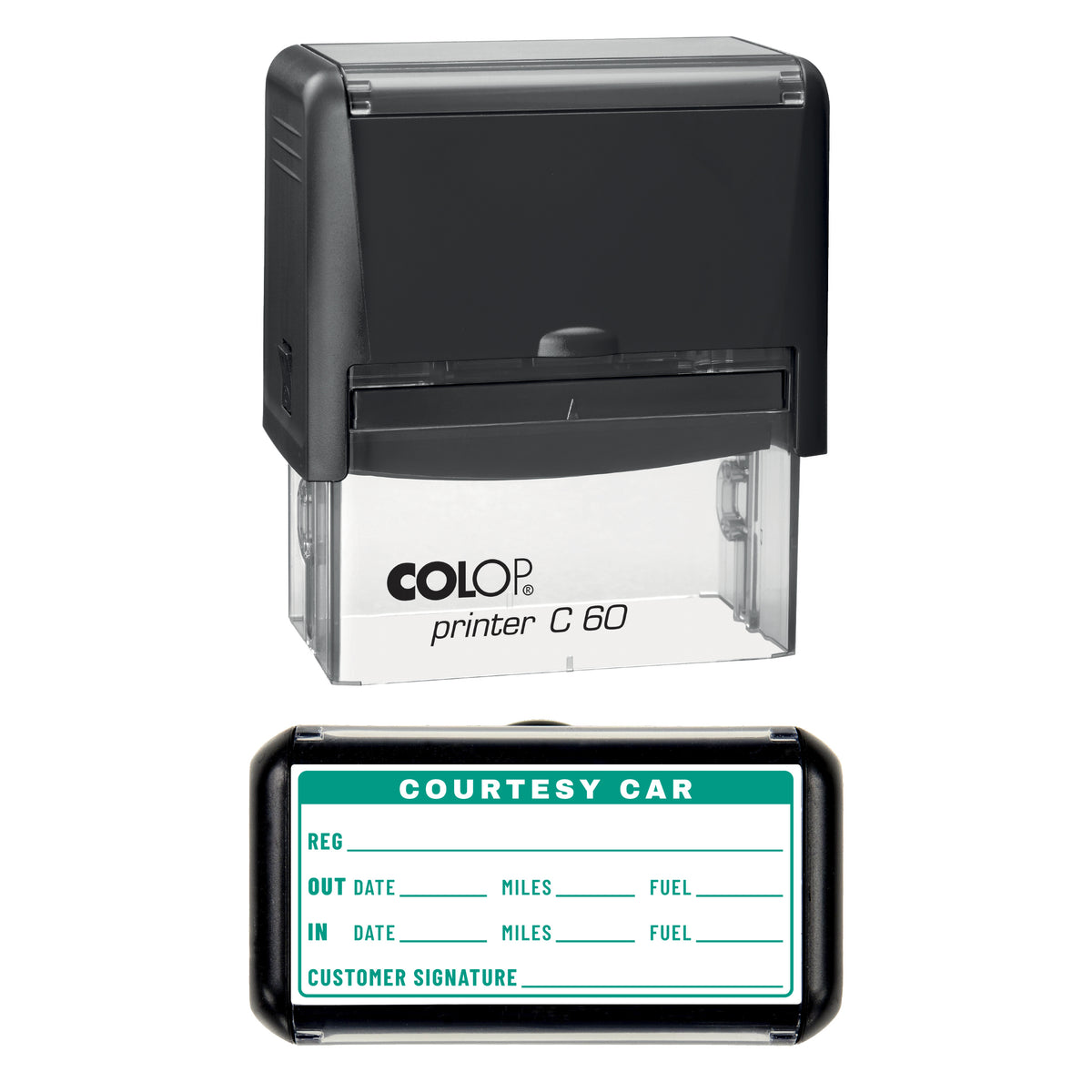 Courtesy Car Record Stamp, COLOP C60, 77 x 36mm, green ink