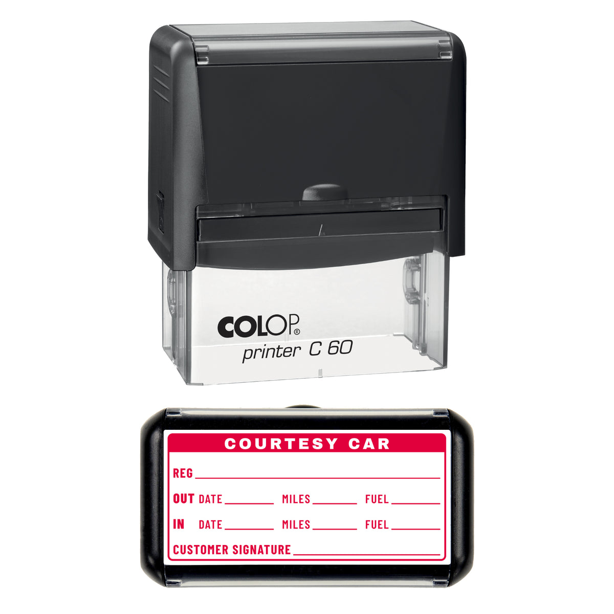 Courtesy Car Record Stamp, COLOP C60, 77 x 36mm, red ink