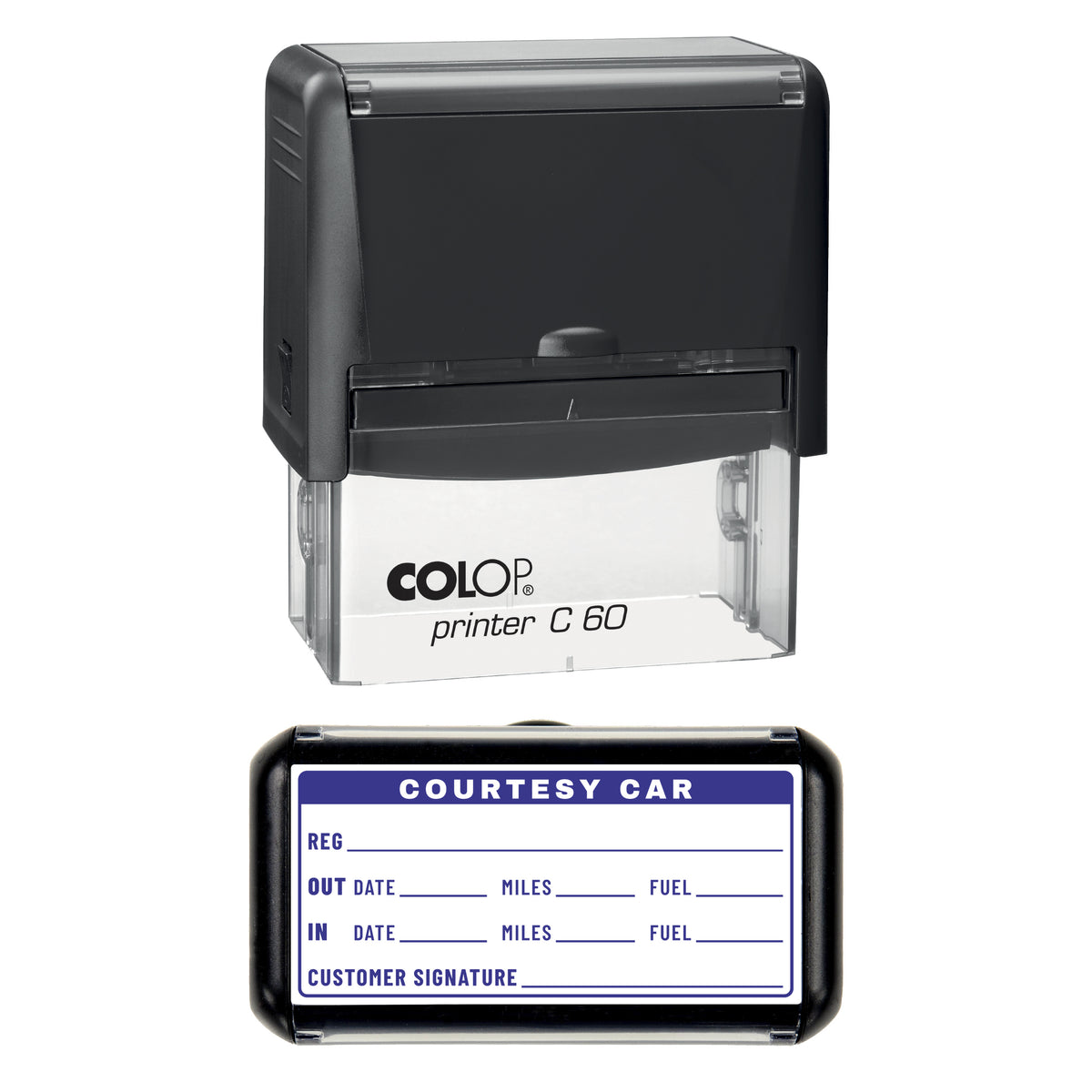 Courtesy Car Record Stamp, COLOP C60, 77 x 36mm, violet ink