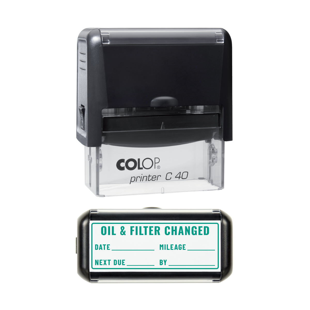 Oil and Filter Changed Stamp, COLOP C40, 58 x 22mm, green ink