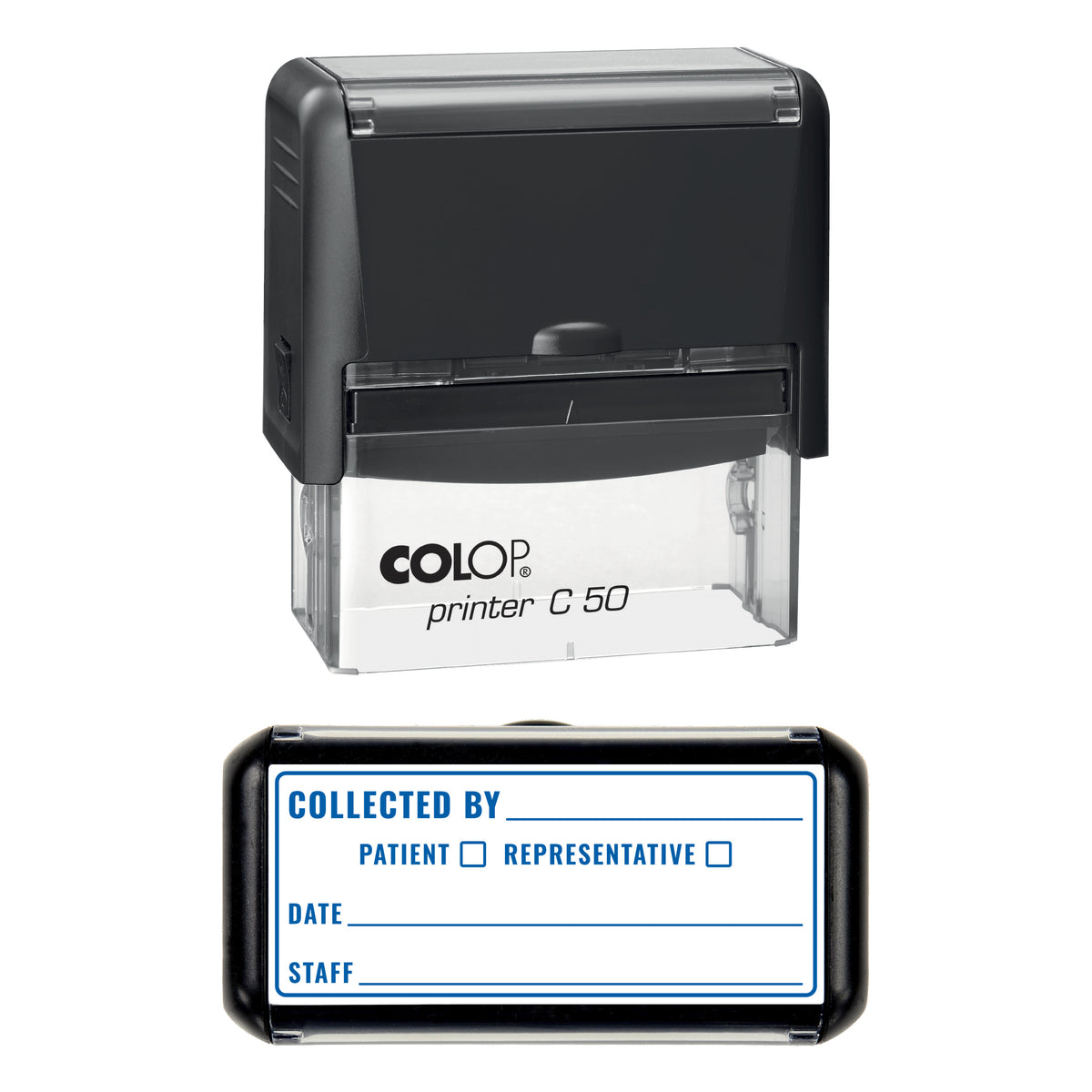 Prescription Collected Stamp, COLOP C50, 70 x 30mm, blue ink