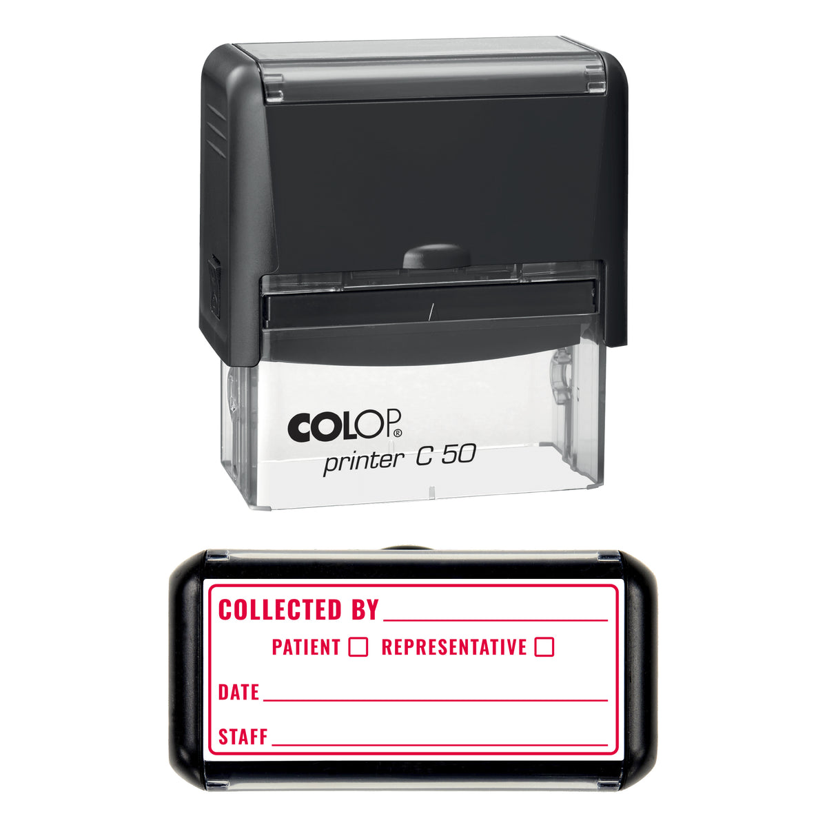 Prescription Collected Stamp, COLOP C50, 70 x 30mm, red ink