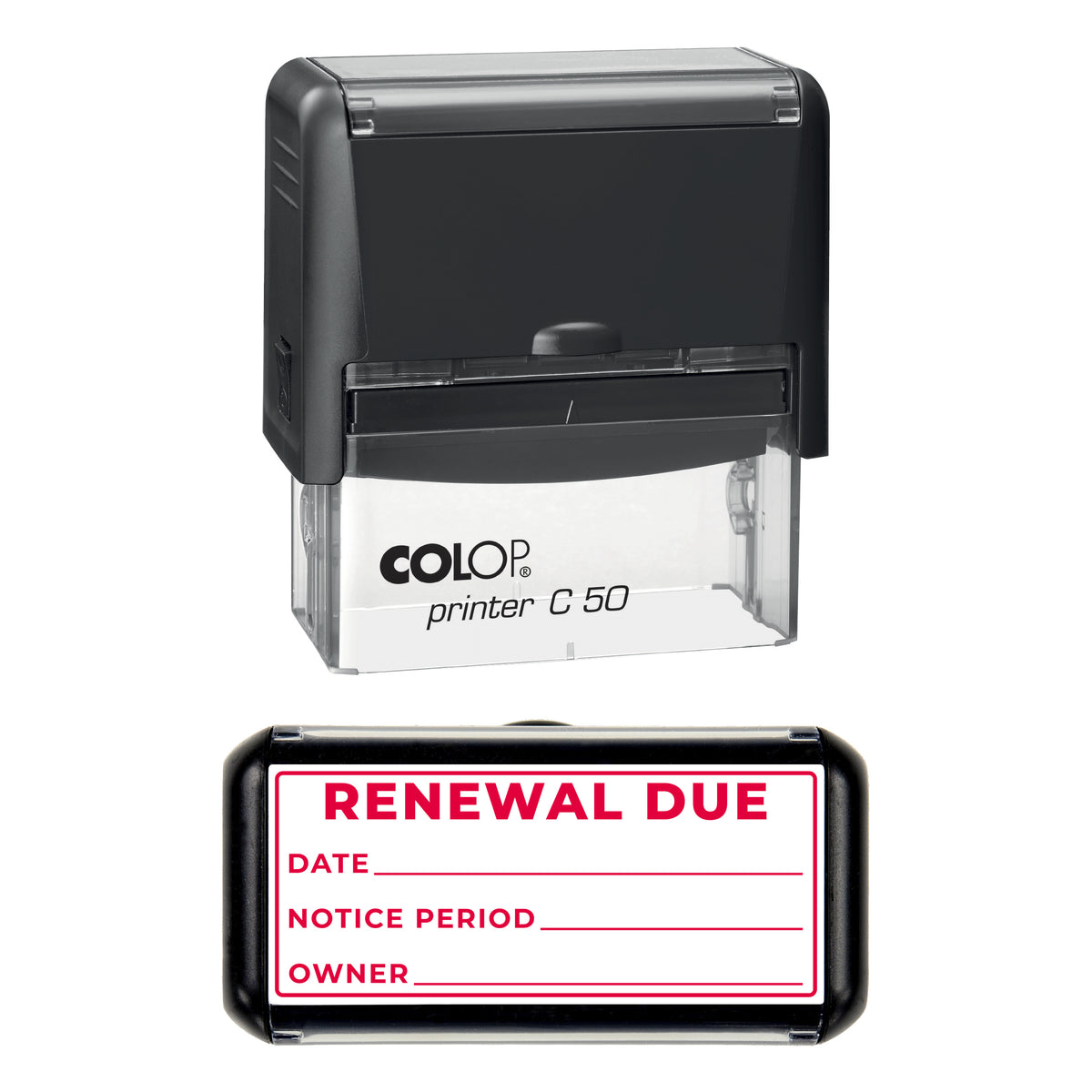 Contract Renewal Due Stamp, COLOP C50, 70 x 30mm, red ink