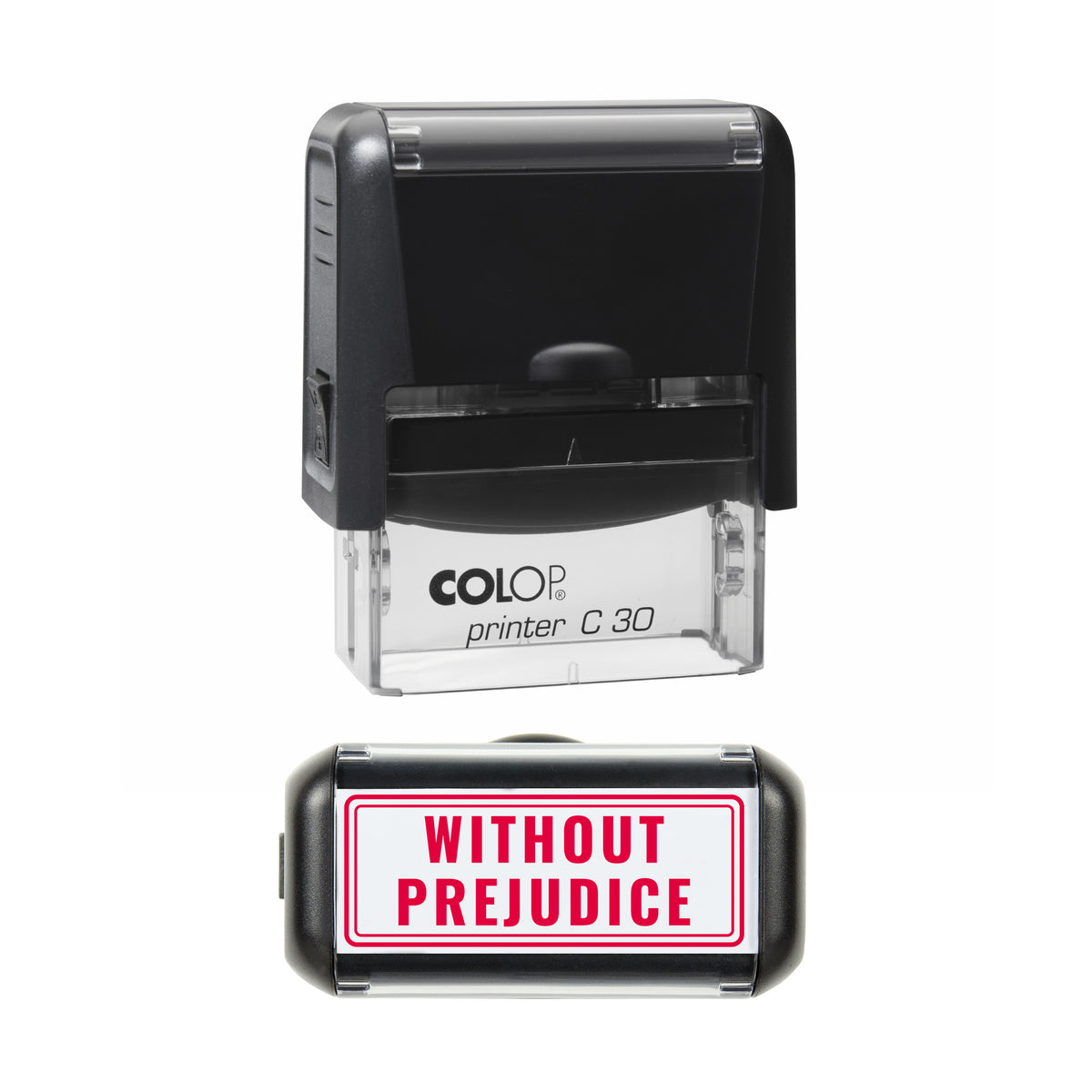 Without Prejudice Stamp, COLOP C30, 45 x 18mm, red ink