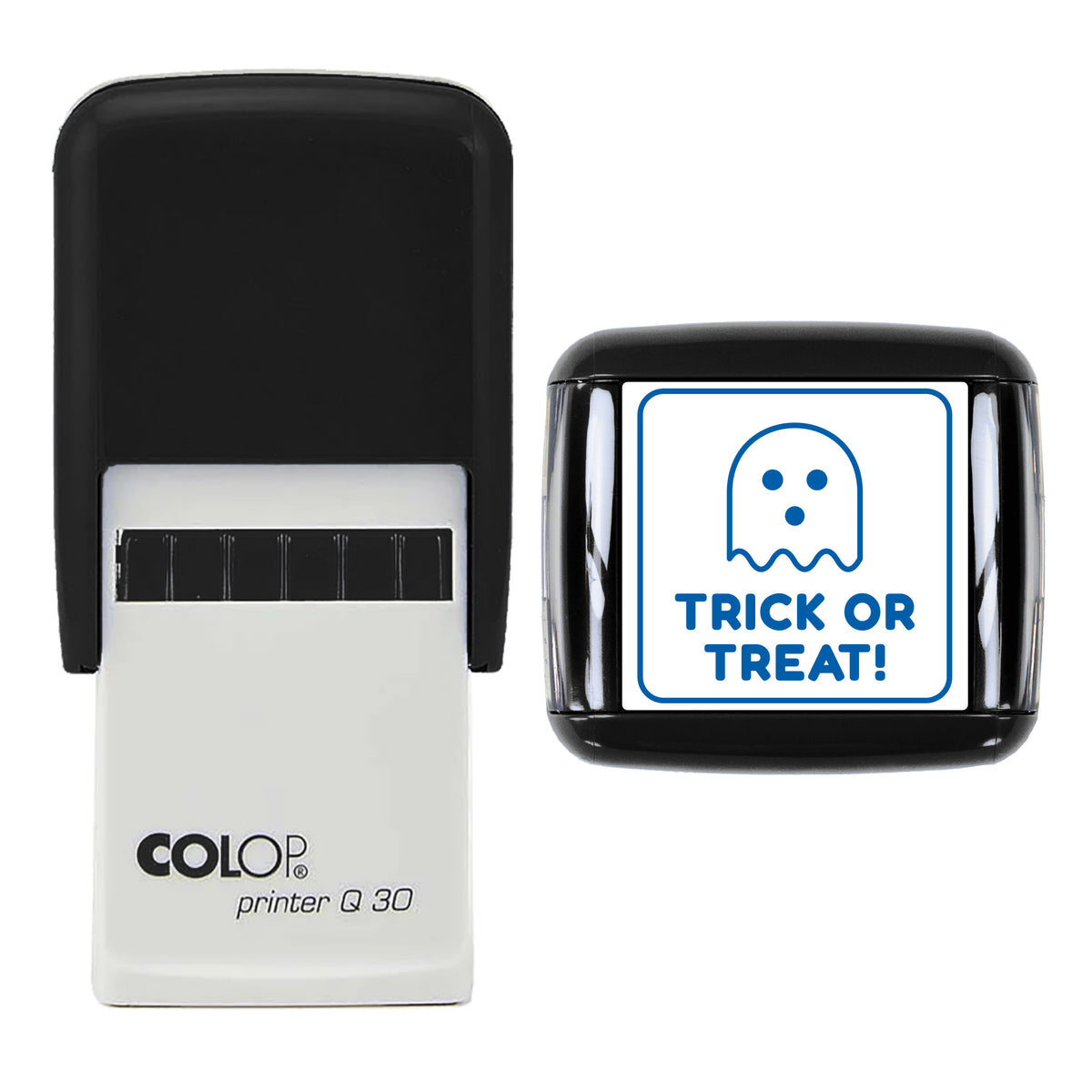 Trick or Treat Ghost Stamp, COLOP Q30, 30 x 30mm, blue ink