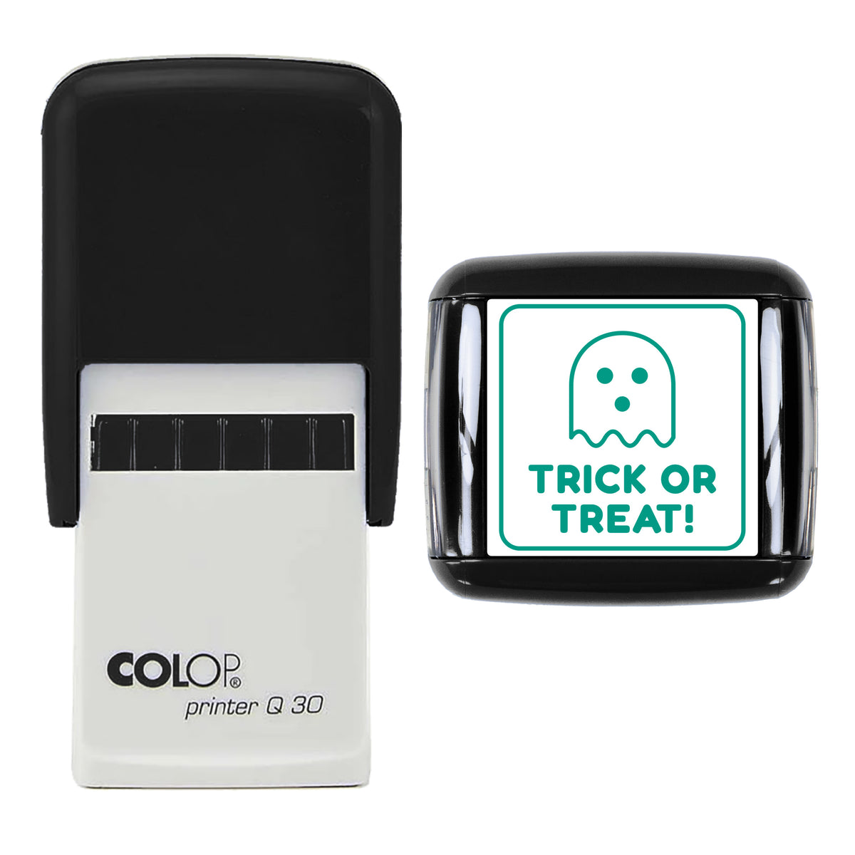 Trick or Treat Ghost Stamp, COLOP Q30, 30 x 30mm, green ink